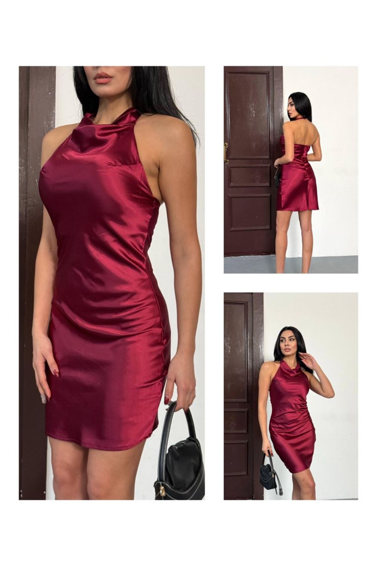 Kadın Halter Yaka Sırt Dekolteli Mini Saten Elbise