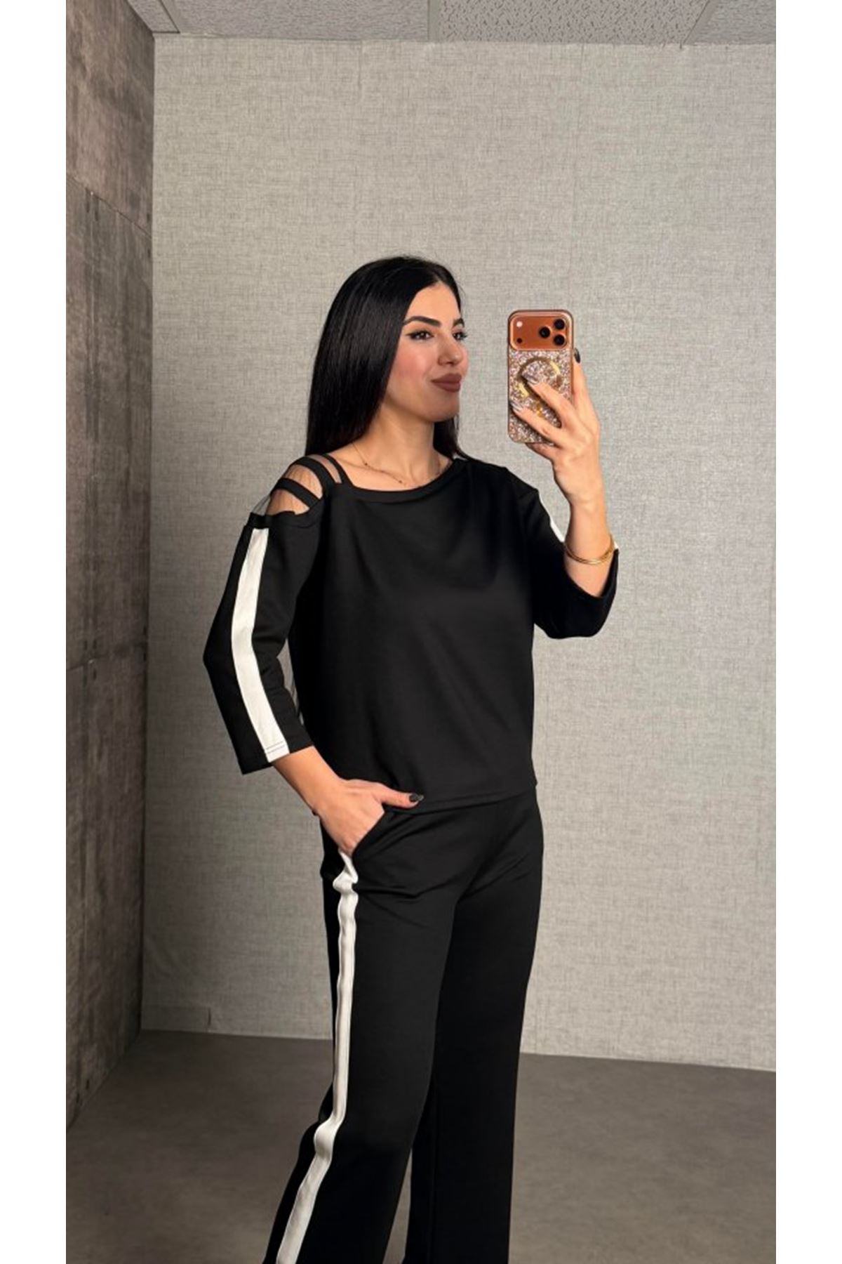 Kadın Uzun Kollu Kolu Tül Yanları şerit Detay Modal Ikili Takım