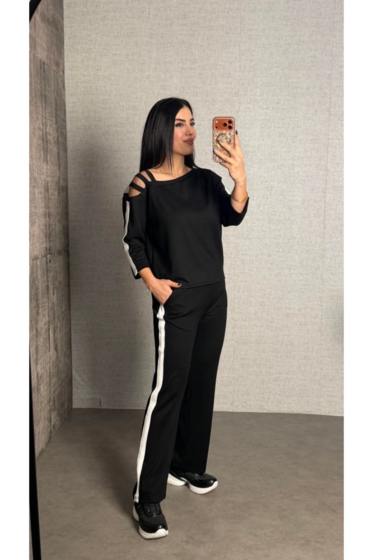 Kadın Uzun Kollu Kolu Tül Yanları şerit Detay Modal Ikili Takım