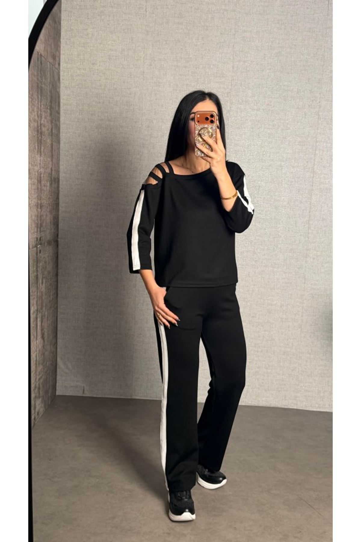 Kadın Uzun Kollu Kolu Tül Yanları şerit Detay Modal Ikili Takım