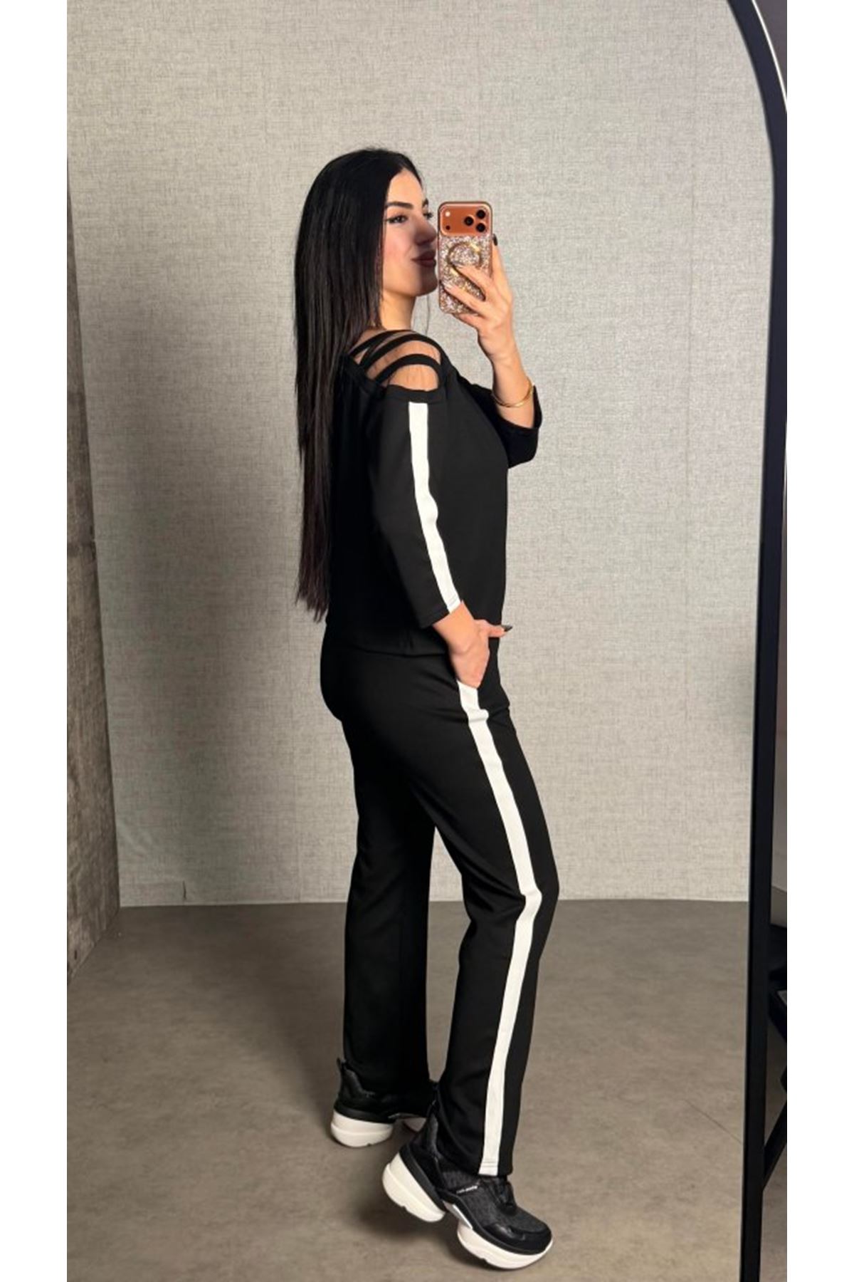 Kadın Uzun Kollu Kolu Tül Yanları şerit Detay Modal Ikili Takım