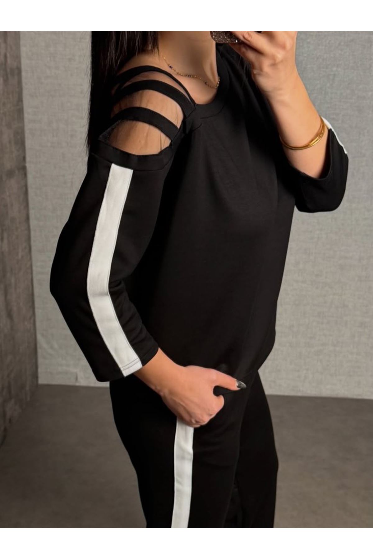 Kadın Uzun Kollu Kolu Tül Yanları şerit Detay Modal Ikili Takım