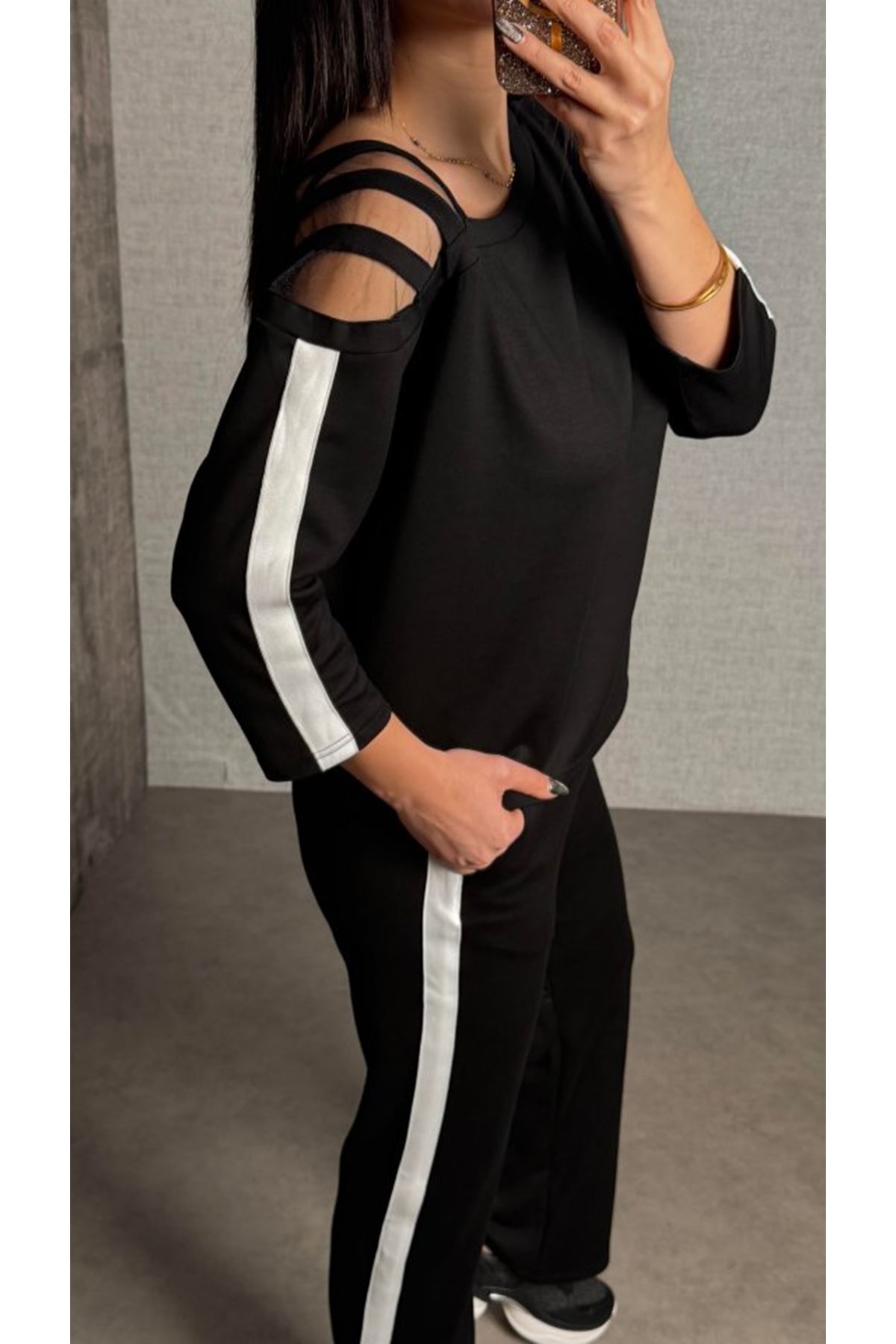 Kadın Uzun Kollu Kolu Tül Yanları şerit Detay Modal Ikili Takım