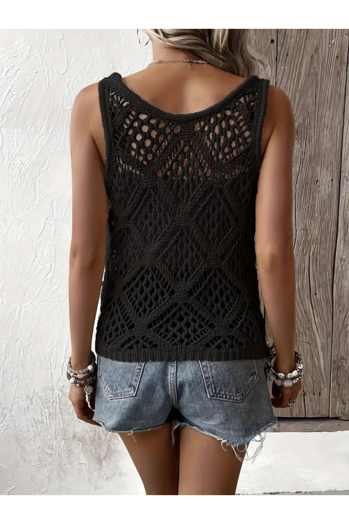 Kadın Askılı Yuvarlak Yaka Geometrik Desenli Triko Bluz