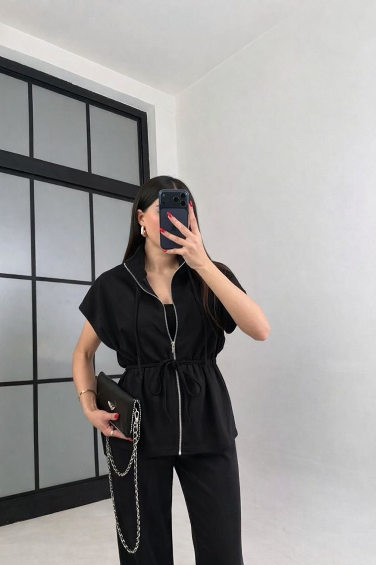 Kadın Yarasa Kol Fermuar Ve Lastikli Bağcık Detay Ceket Pantolon Ikili Takım