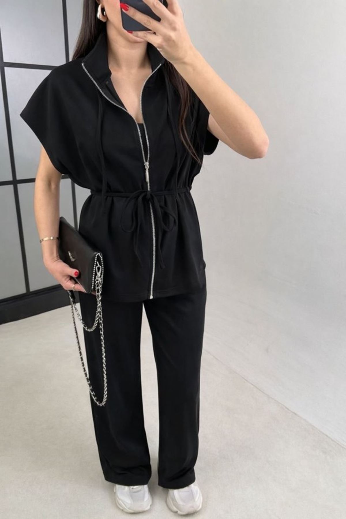 Kadın Yarasa Kol Fermuar Ve Lastikli Bağcık Detay Ceket Pantolon Ikili Takım