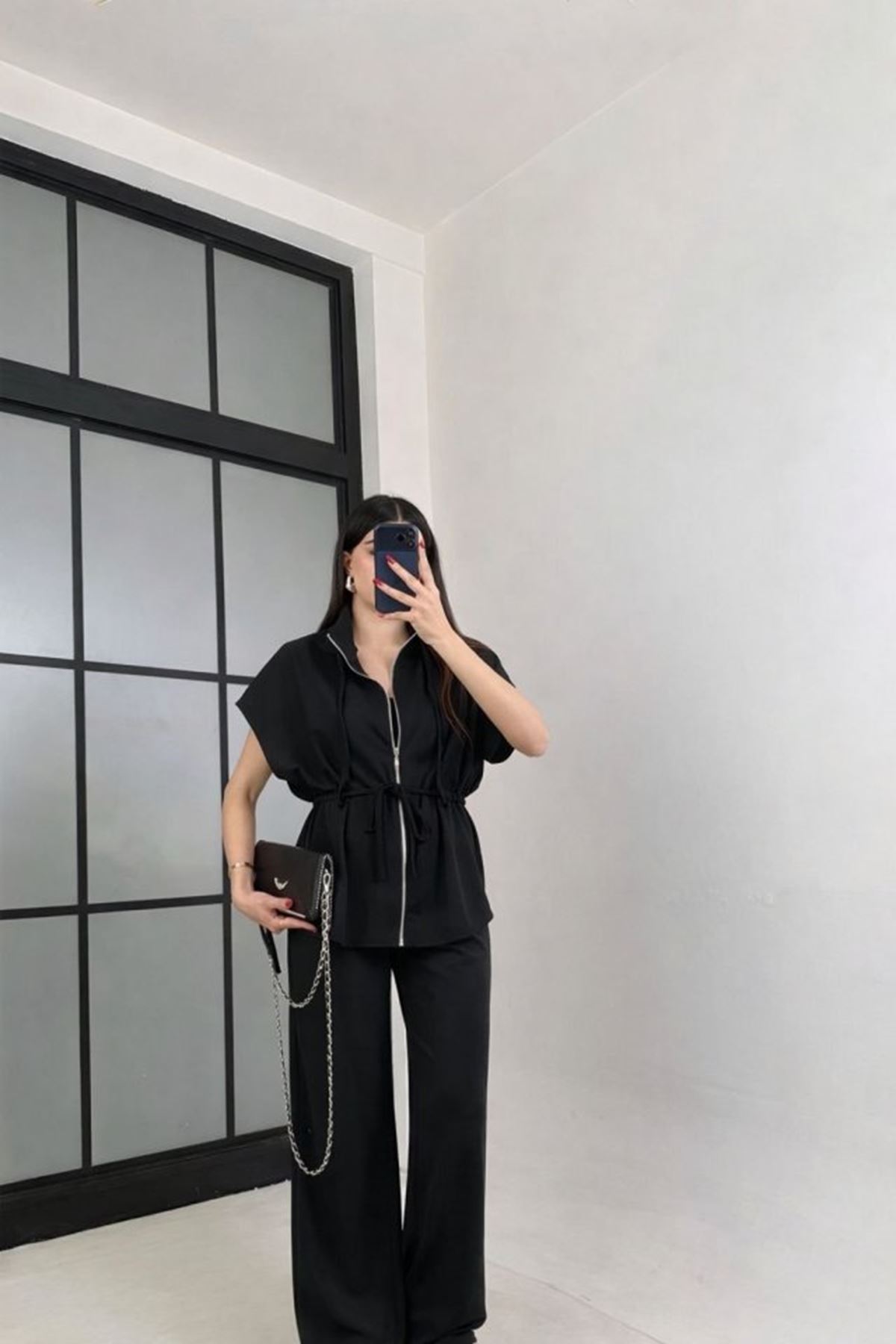 Kadın Yarasa Kol Fermuar Ve Lastikli Bağcık Detay Ceket Pantolon Ikili Takım