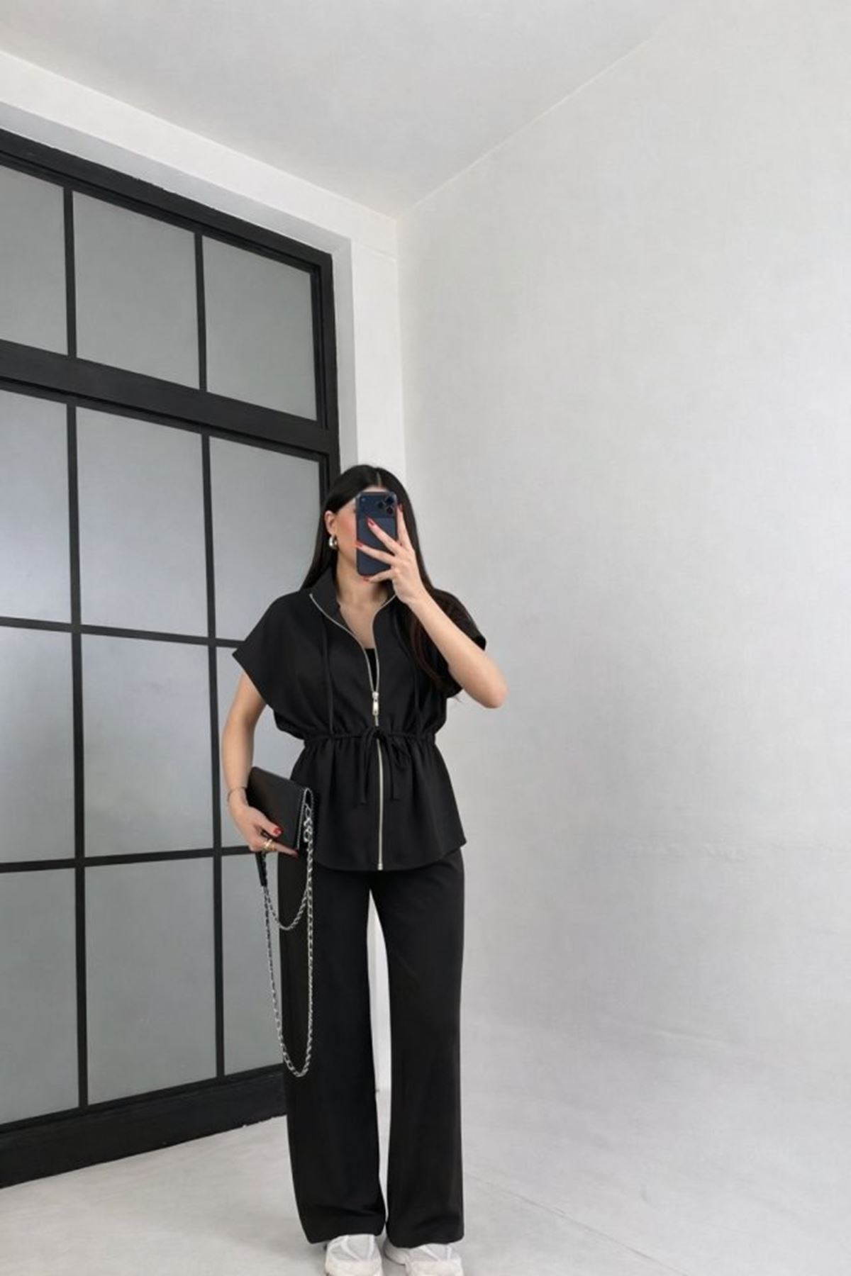 Kadın Yarasa Kol Fermuar Ve Lastikli Bağcık Detay Ceket Pantolon Ikili Takım