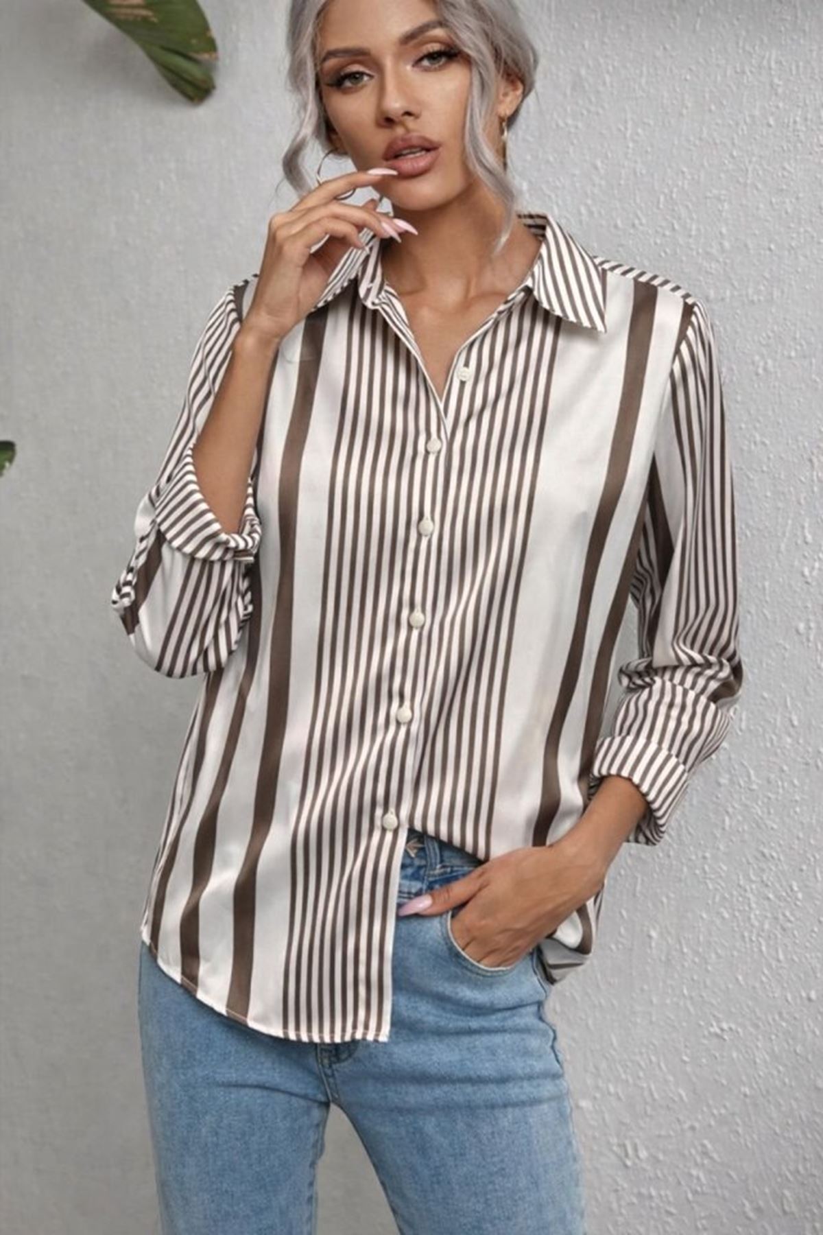 Kadın Uzun Kollu çizgi Desen Saten Gömlek