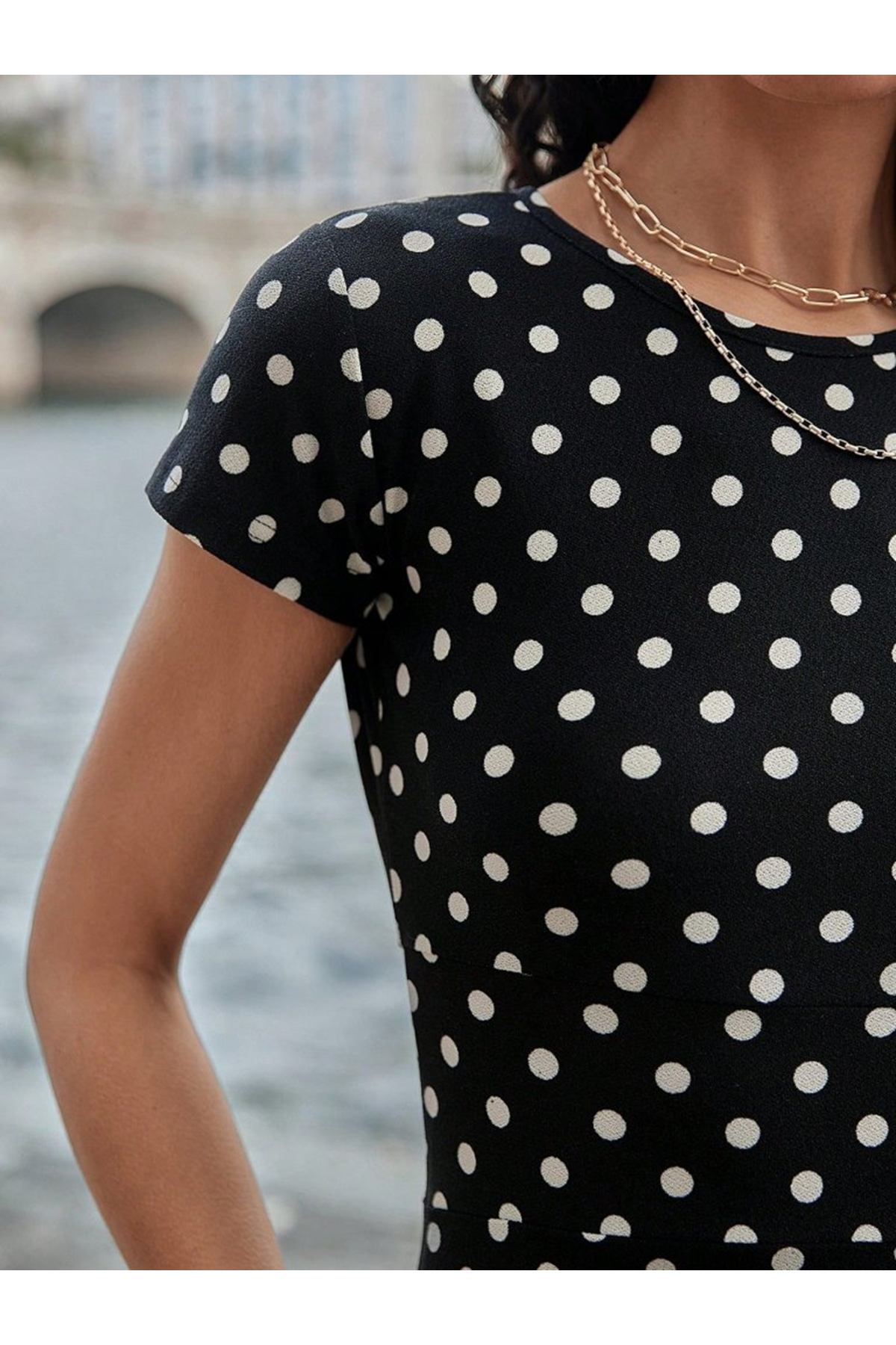Kadın Kısa Kollu Bisiklet Yaka Puantiyeli Maksi örme Krep Elbise