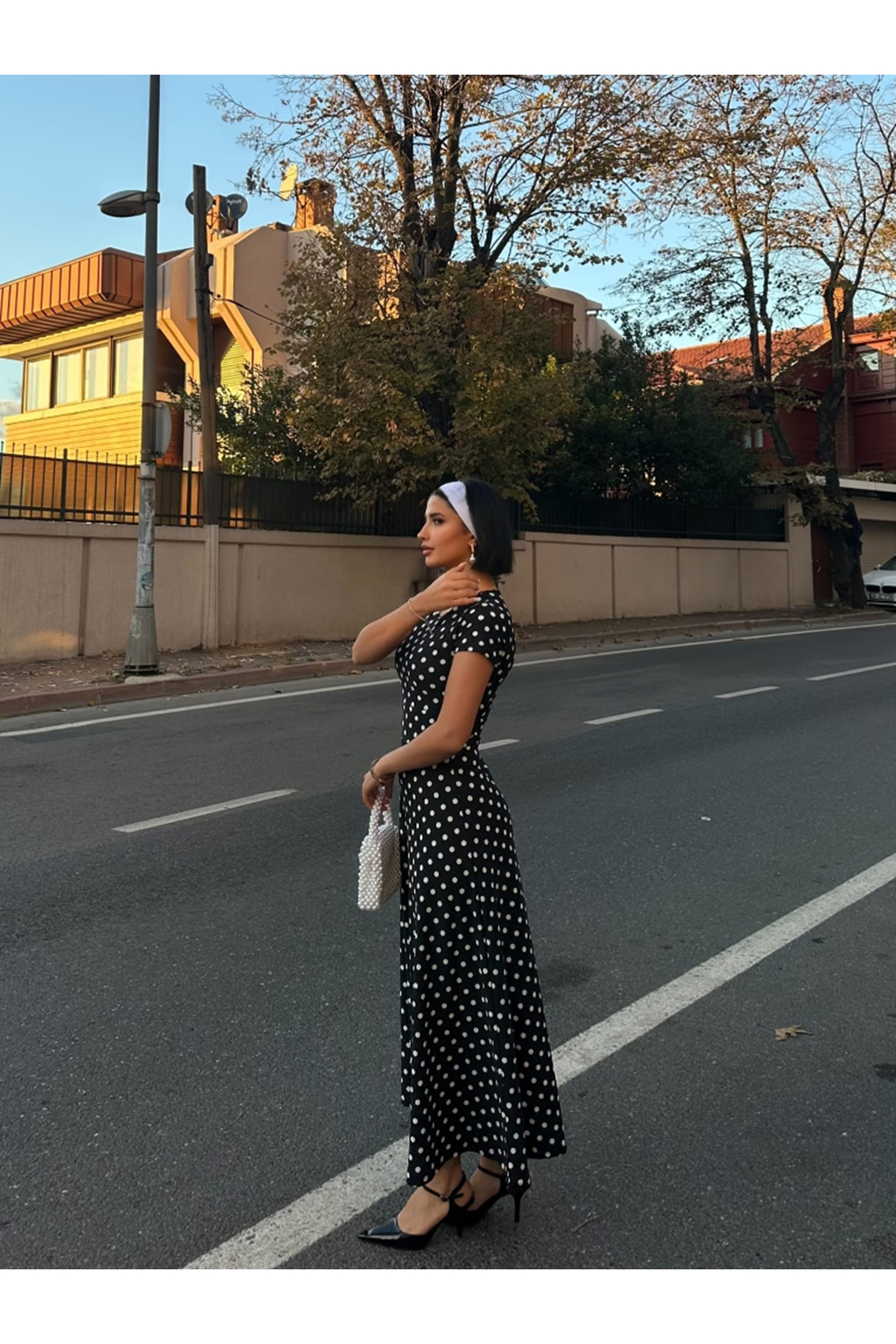 Kadın Kısa Kollu Bisiklet Yaka Puantiyeli Maksi örme Krep Elbise