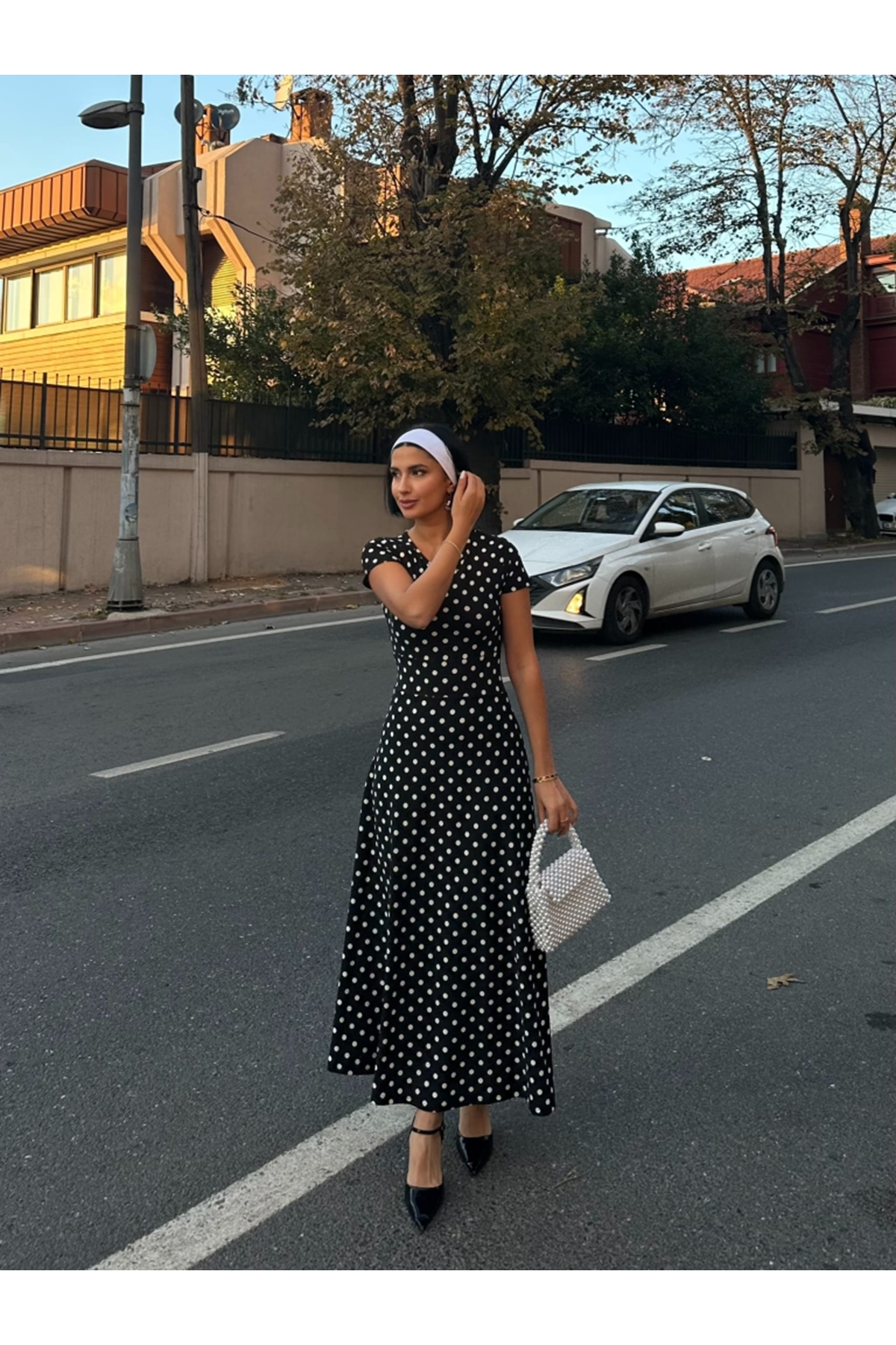 Kadın Kısa Kollu Bisiklet Yaka Puantiyeli Maksi örme Krep Elbise