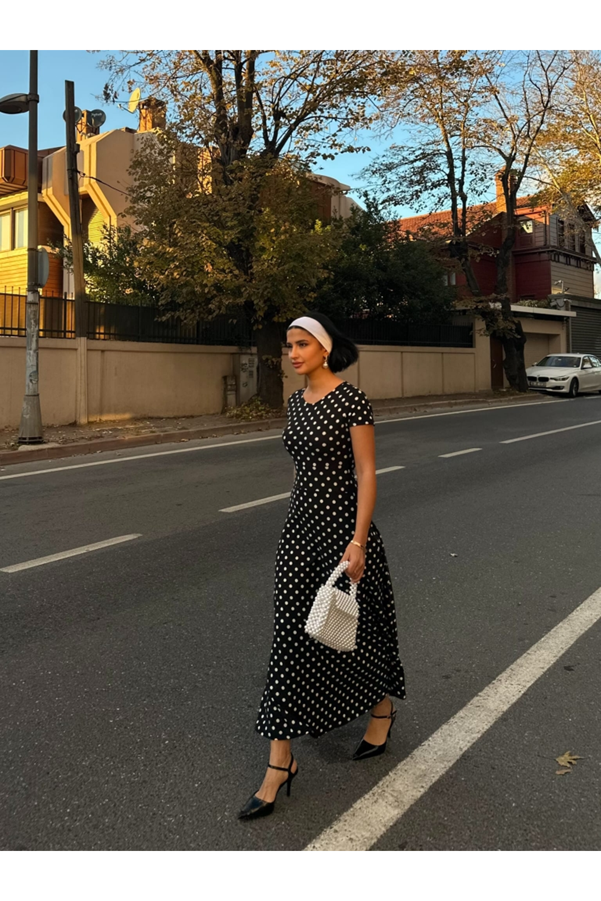 Kadın Kısa Kollu Bisiklet Yaka Puantiyeli Maksi örme Krep Elbise