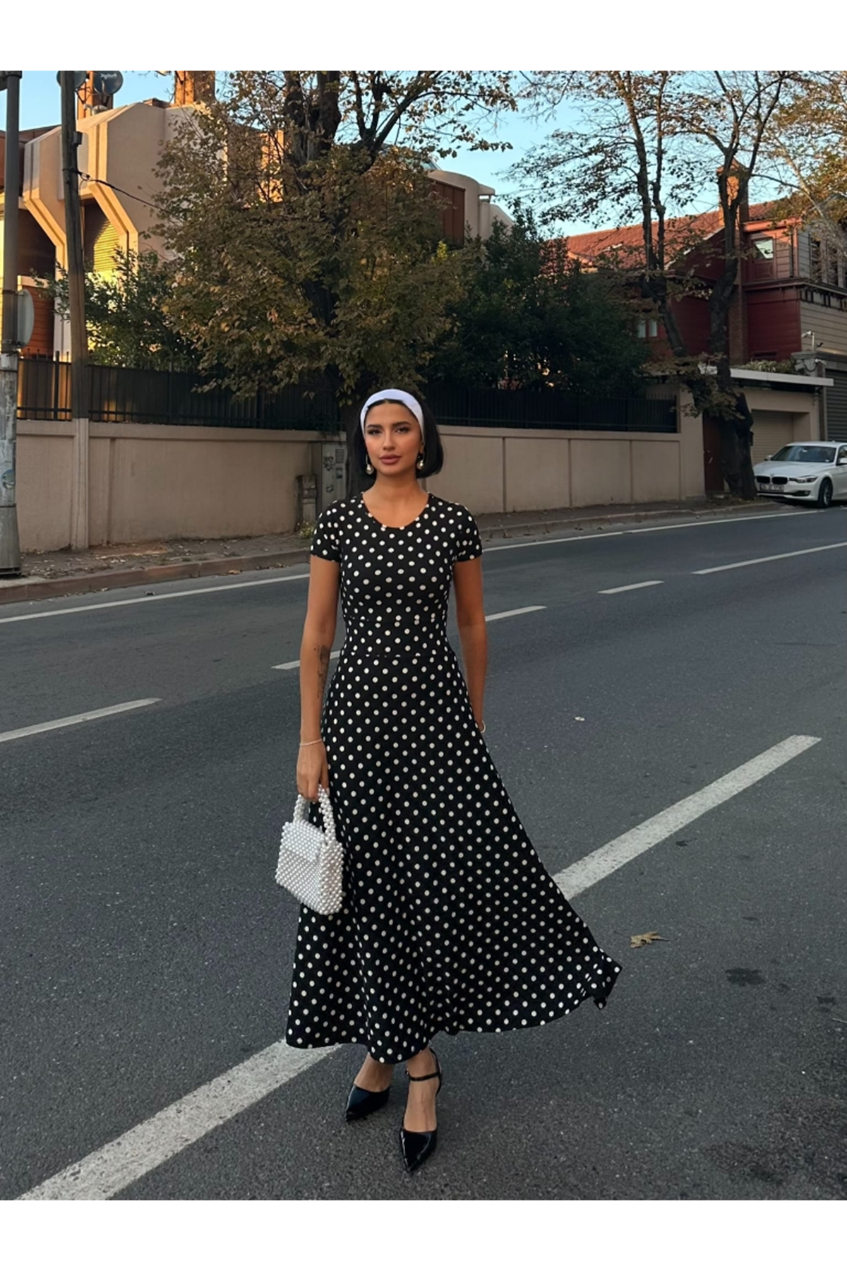 Kadın Kısa Kollu Bisiklet Yaka Puantiyeli Maksi örme Krep Elbise