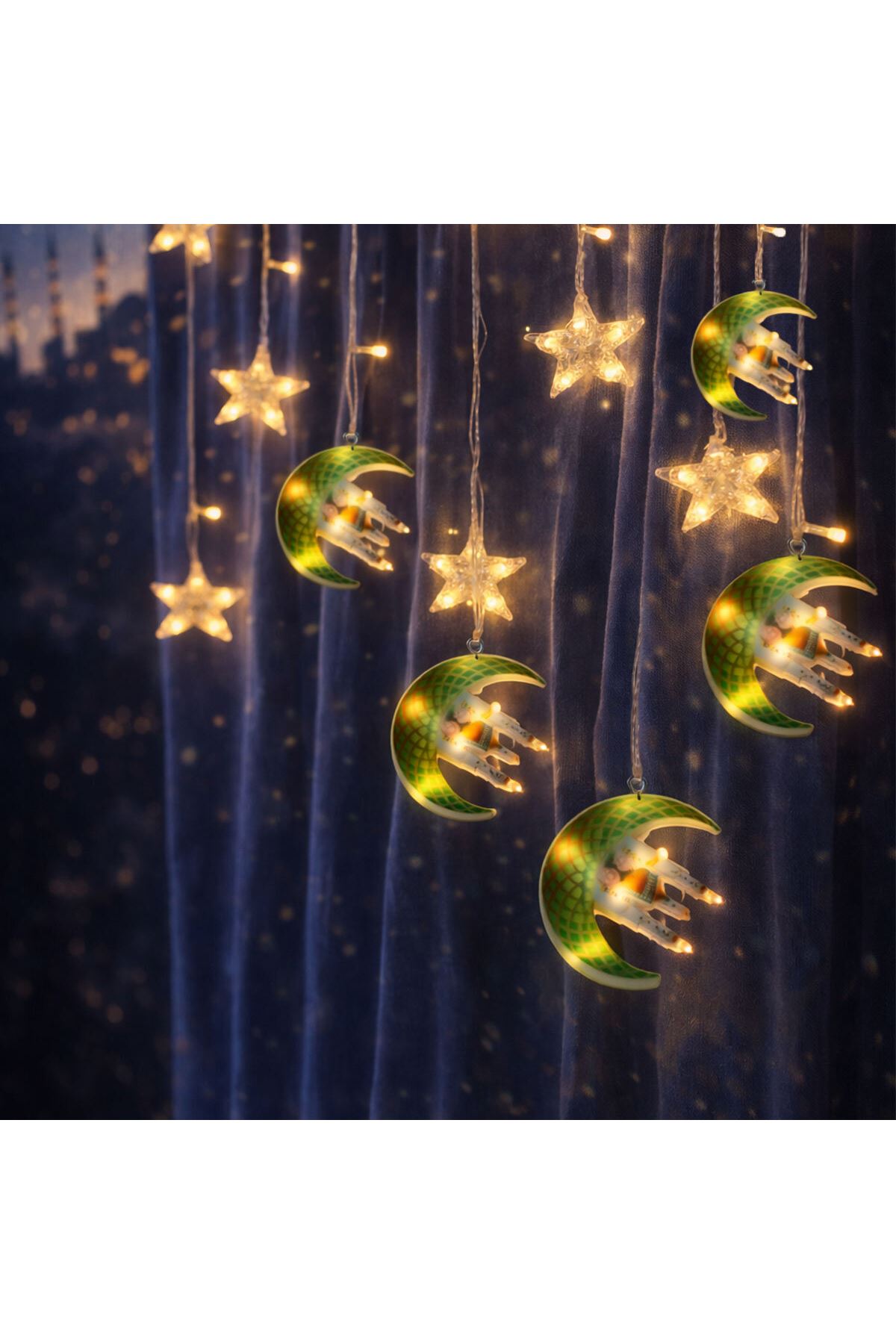 3 mt Fişli Yeşil Hilal Cami Yıldız Ramazan Perde LED