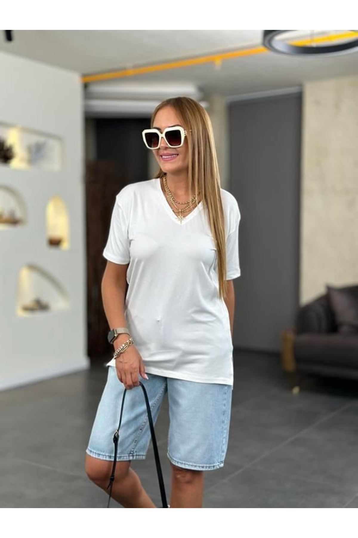 Kadın Kısa Kollu V Yaka Bluz