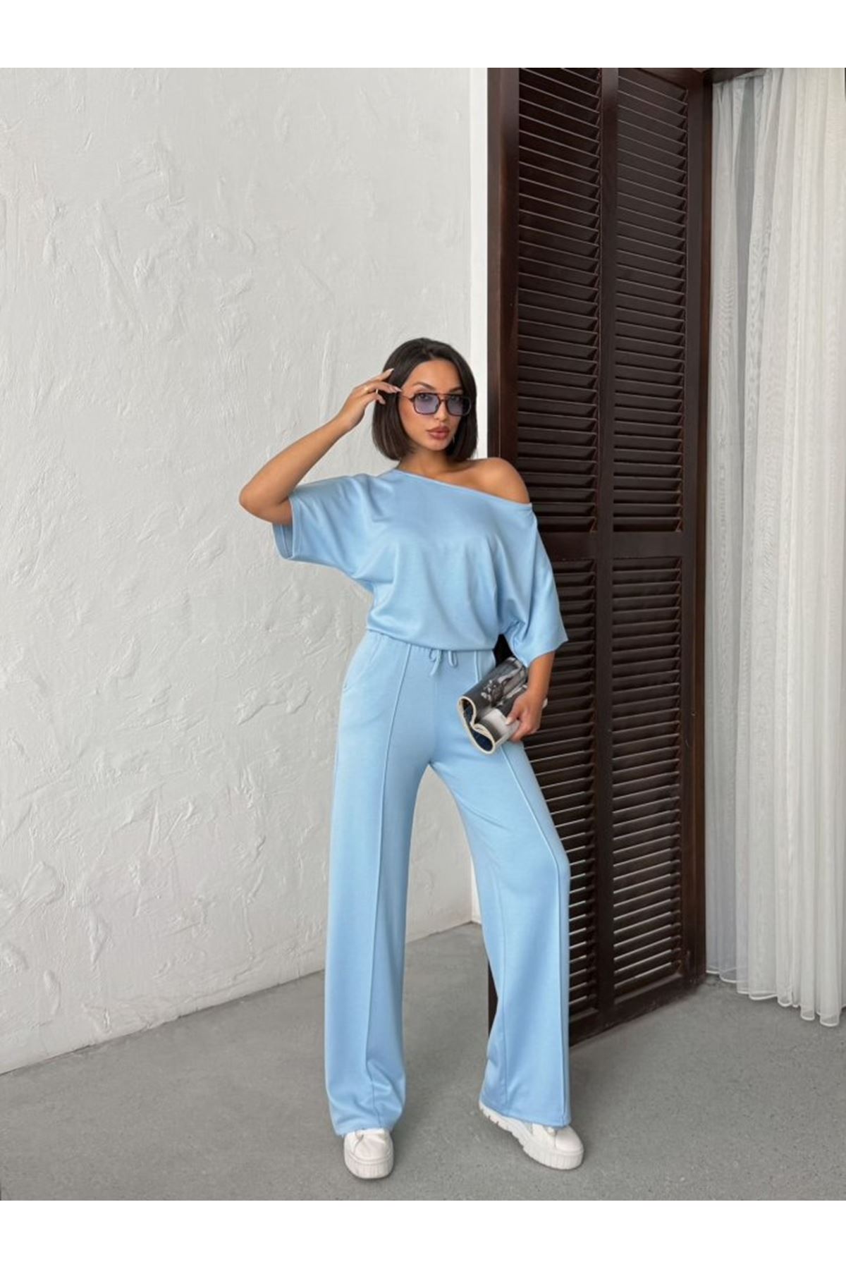 Kadın İsa Kollu Kayık Yaka Bluz Ve Pantolon Misal Kumaş Ikili Takım