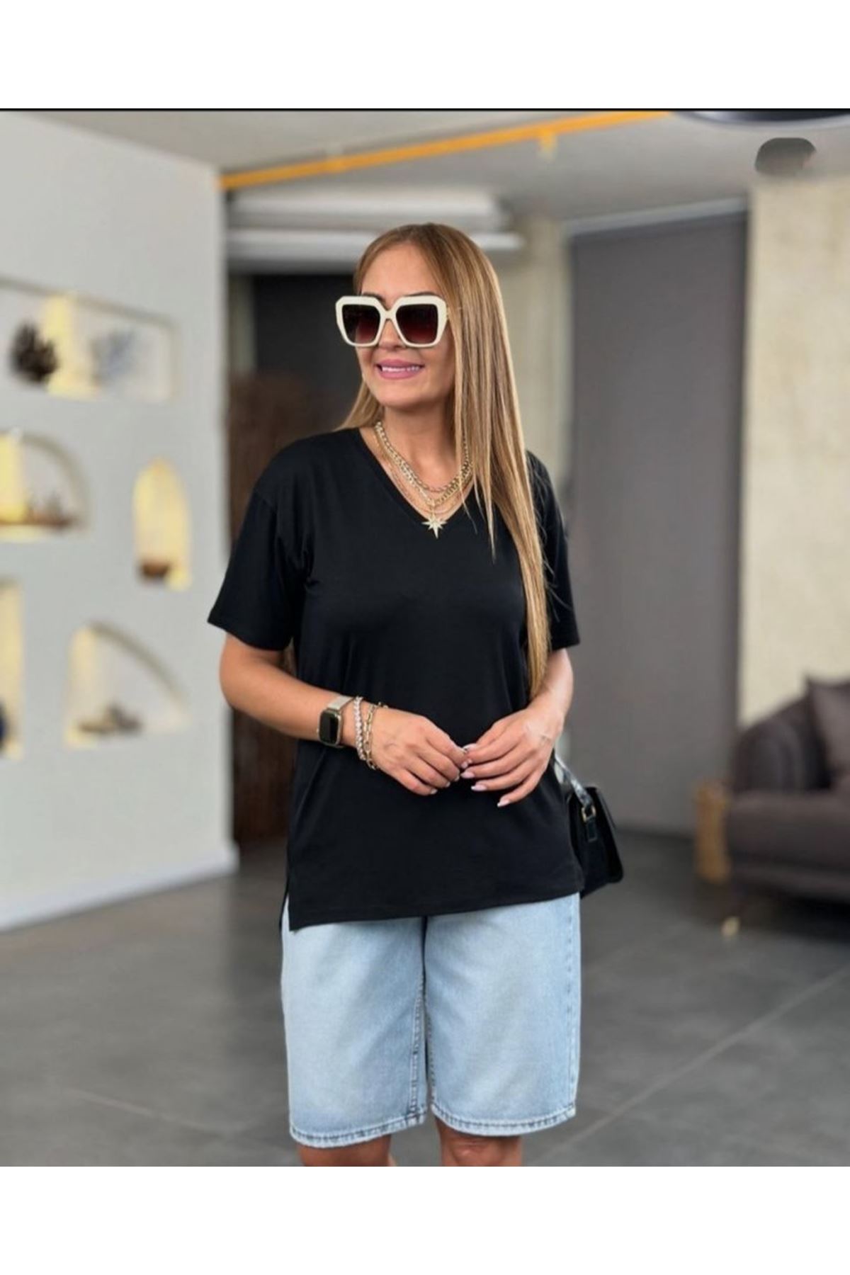 Kadın Kısa Kollu V Yaka Bluz