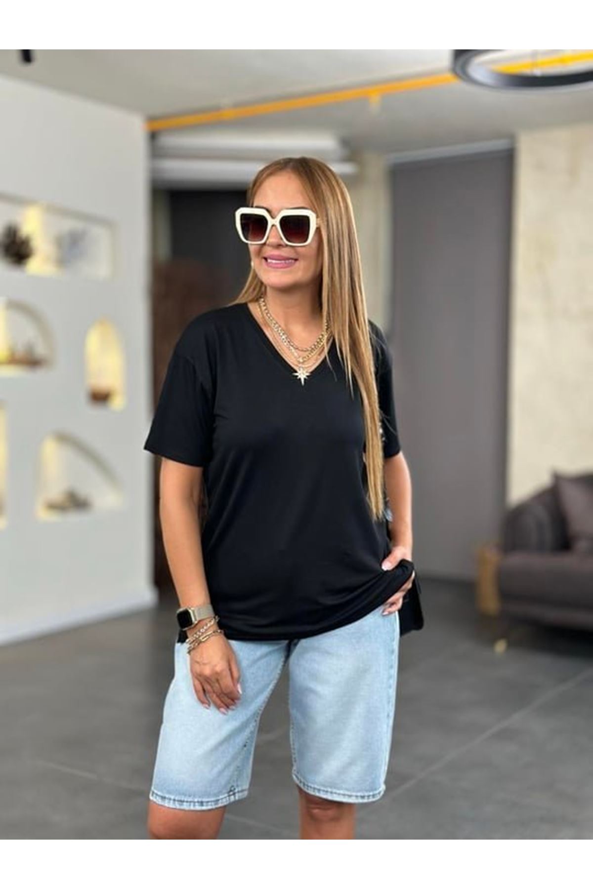 Kadın Kısa Kollu V Yaka Bluz