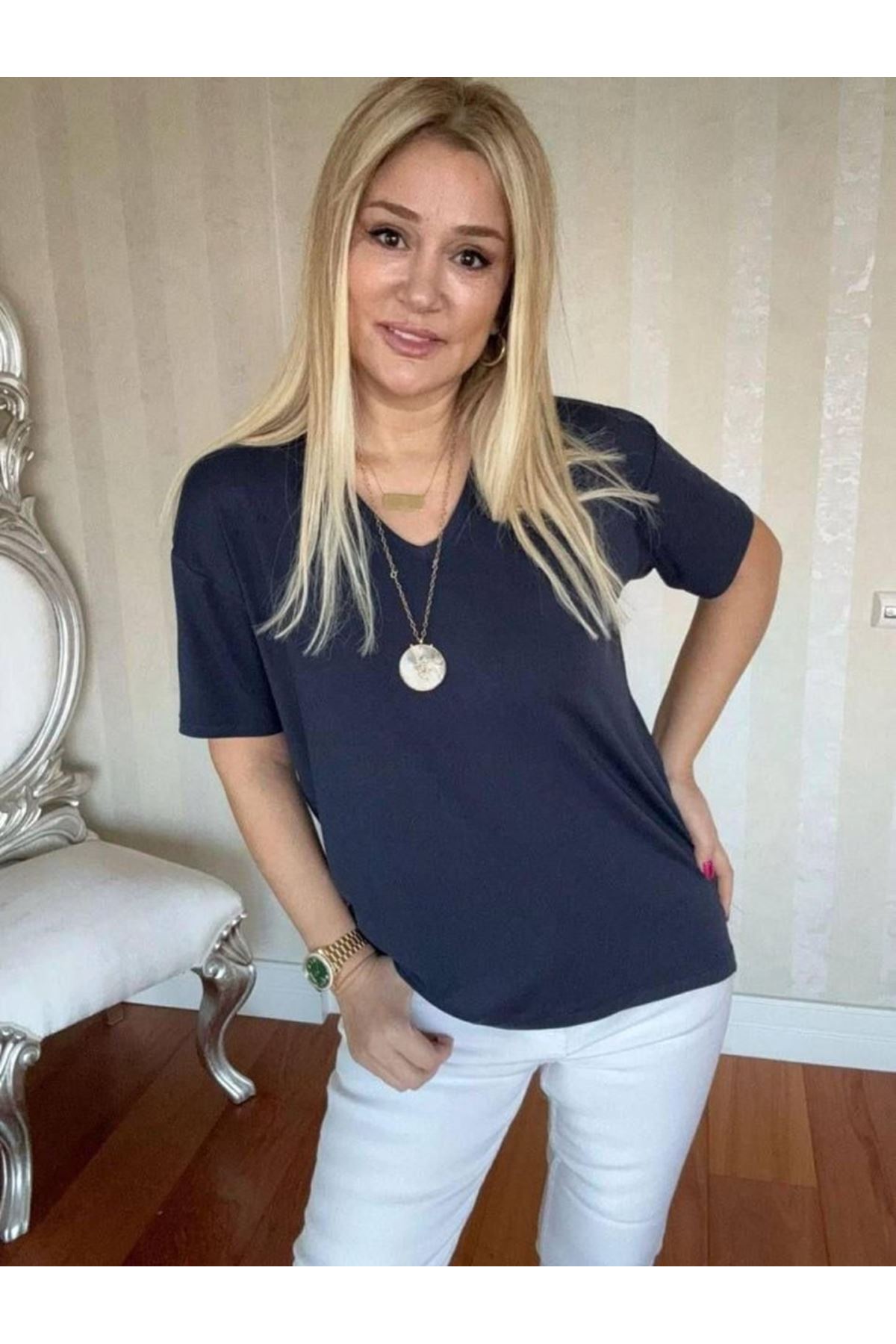 Kadın Kısa Kollu V Yaka Bluz