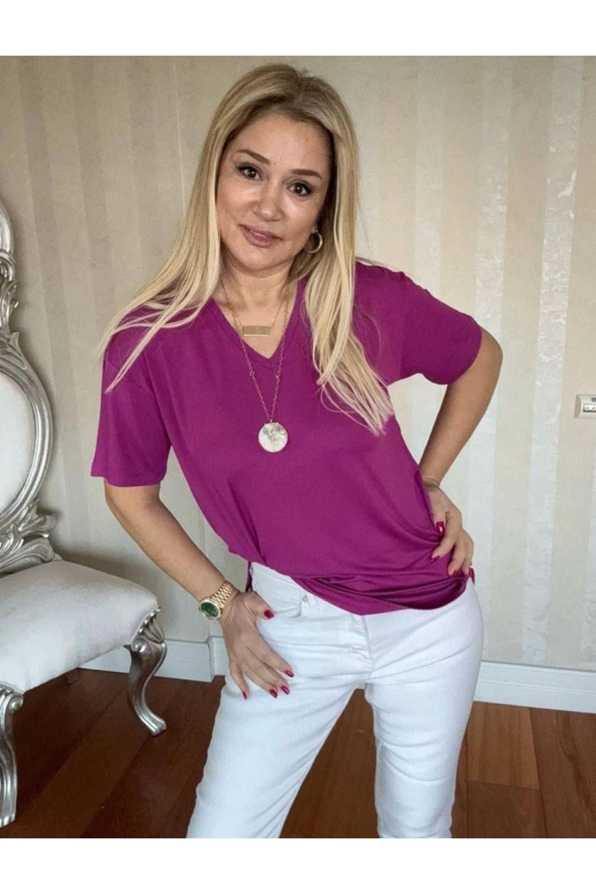 Kadın Kısa Kollu V Yaka Bluz