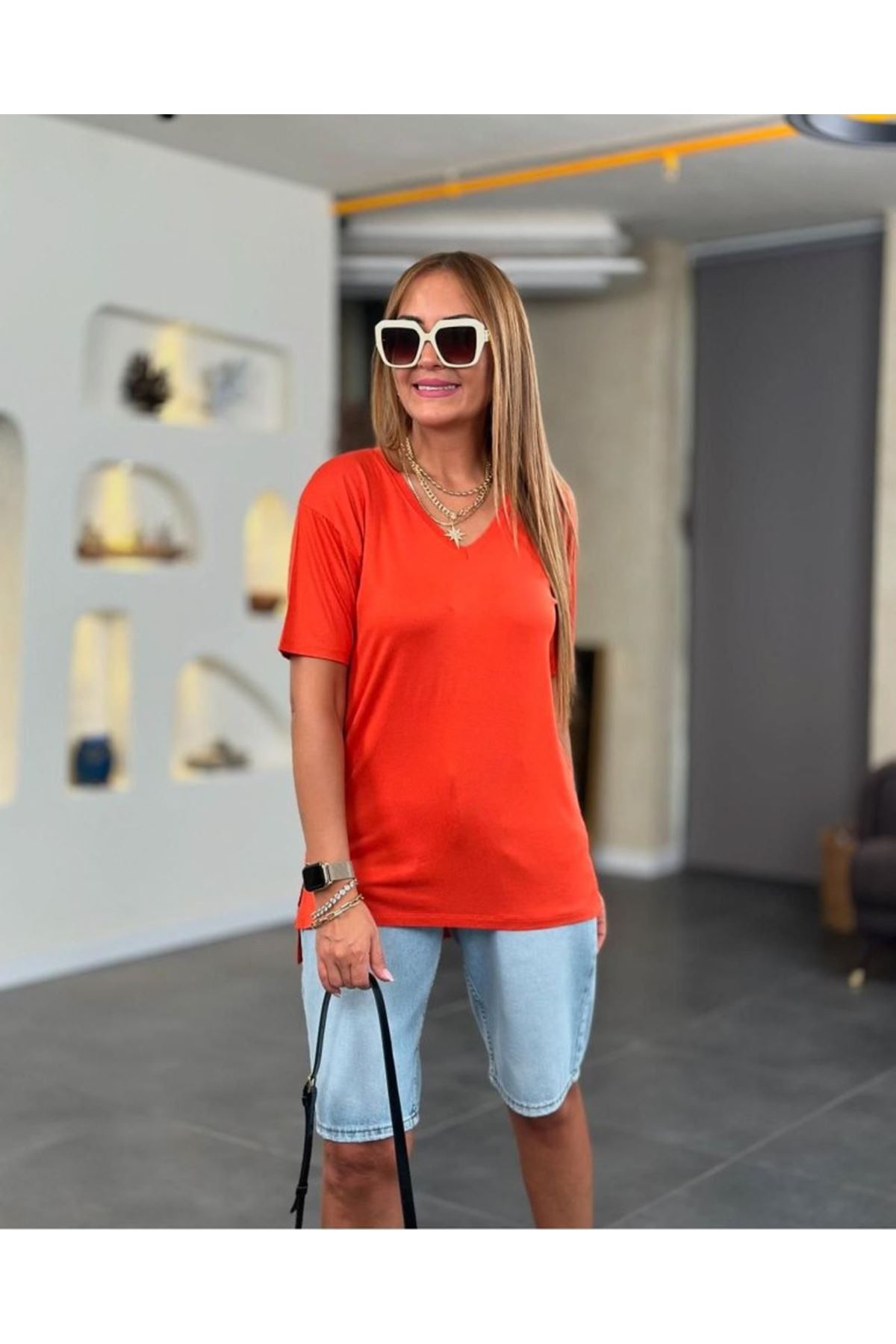 Kadın Kısa Kollu V Yaka Bluz