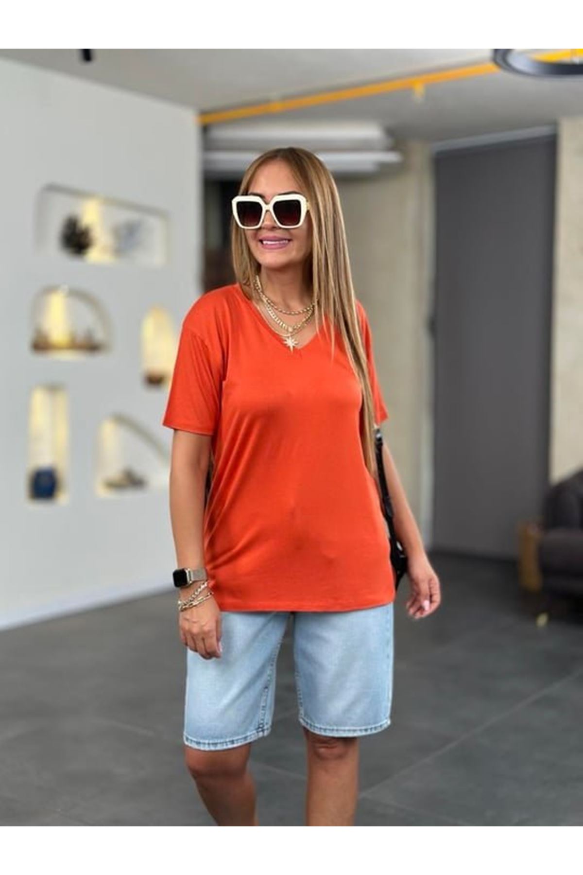 Kadın Kısa Kollu V Yaka Bluz