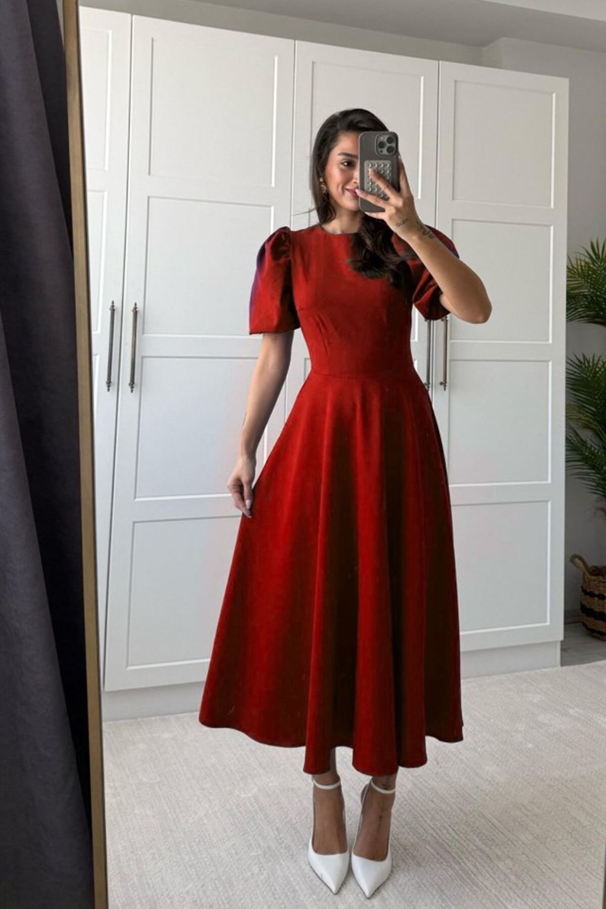 Kadın Kısa Balon Kollu Bisiklet Yaka Geniş Kesim Janjan Krep Elbise