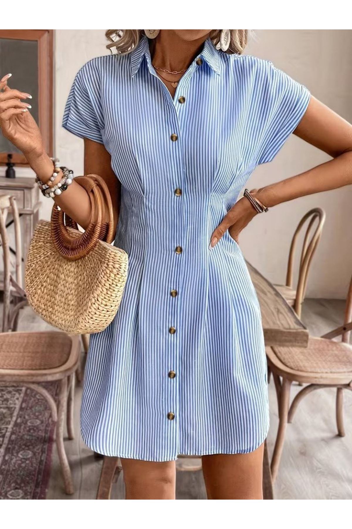 Kadın Kısa Kollu Yakalı önden Düğmeli Kısa Trikoton Elbise