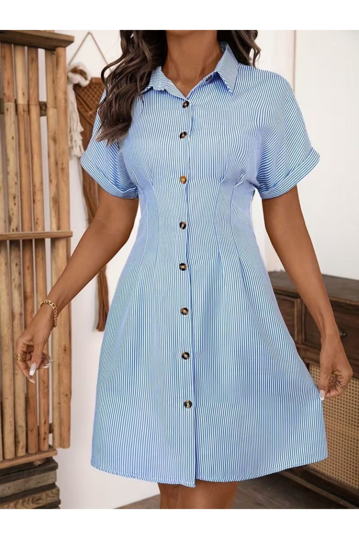 Kadın Kısa Kollu Yakalı önden Düğmeli Kısa Trikoton Elbise