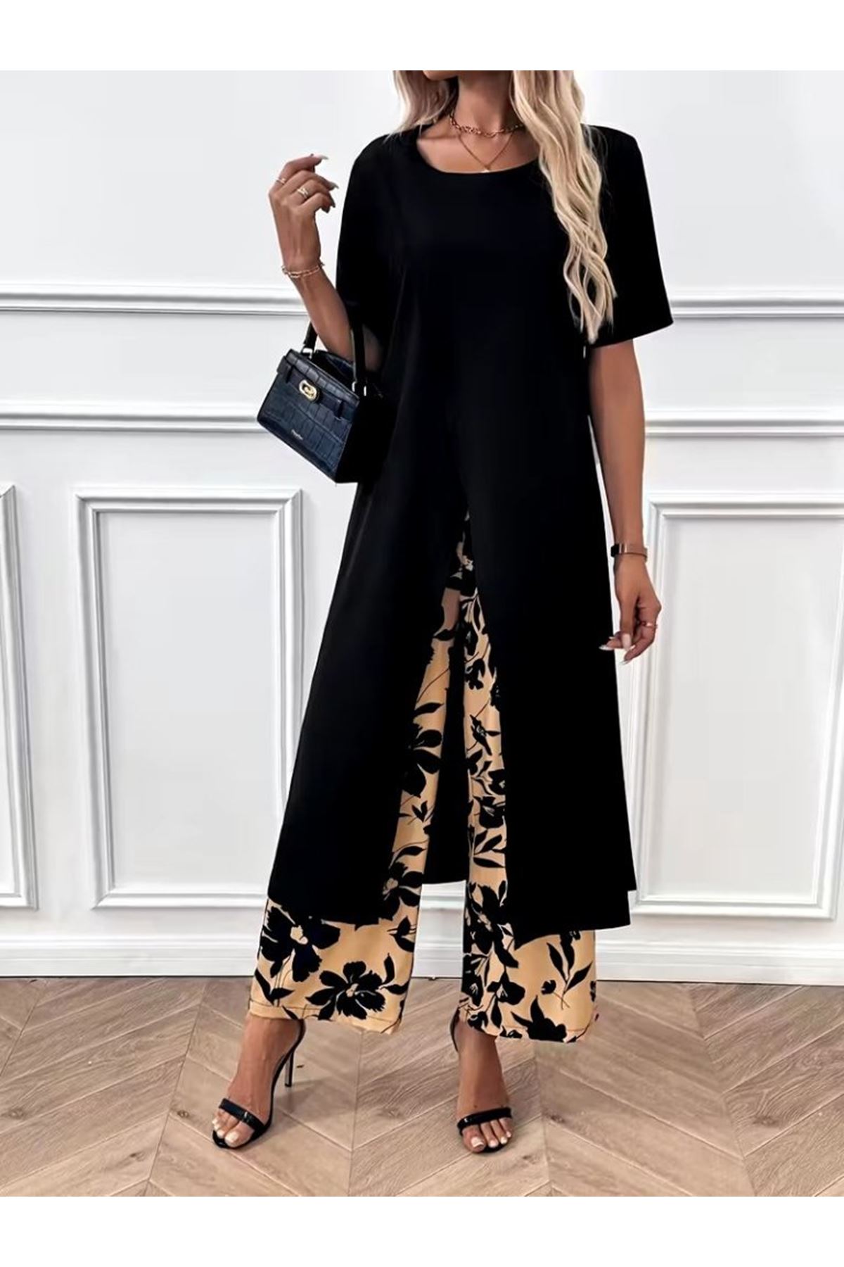 Kadın Kısa Kollu önden çapraz Detaylı Viskon Uzun Bluz Ve Desenli Iki Iplik Pantolon Ikili Takım