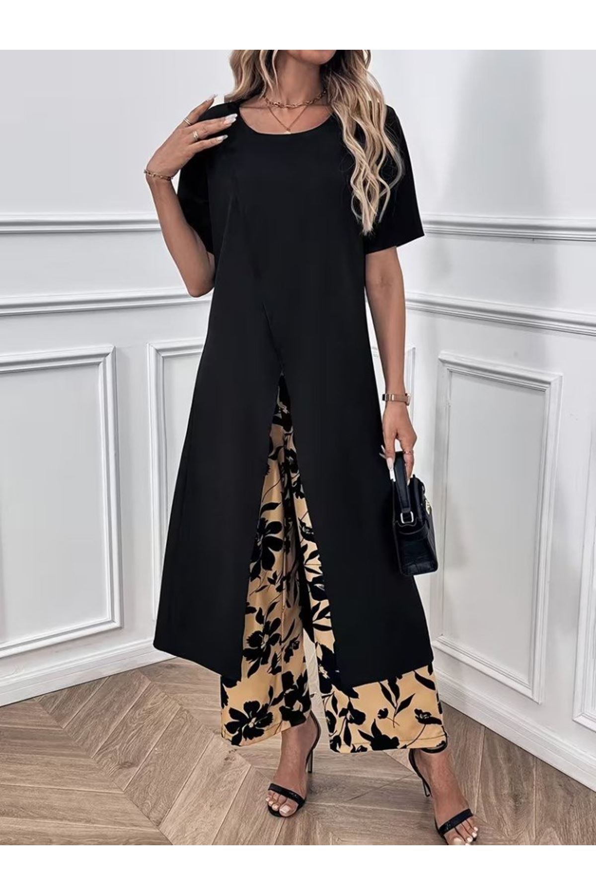 Kadın Kısa Kollu önden çapraz Detaylı Viskon Uzun Bluz Ve Desenli Iki Iplik Pantolon Ikili Takım