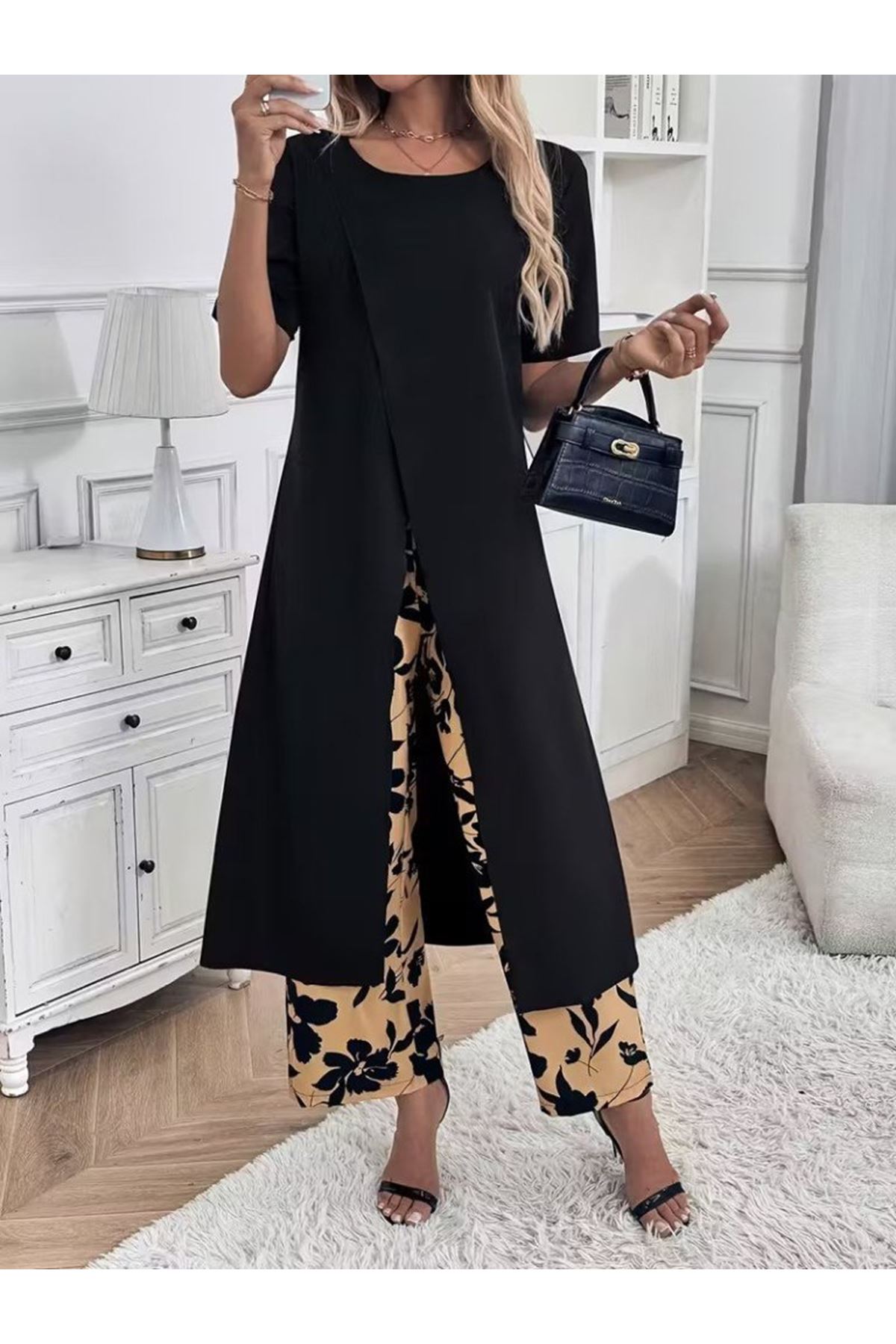 Kadın Kısa Kollu önden çapraz Detaylı Viskon Uzun Bluz Ve Desenli Iki Iplik Pantolon Ikili Takım