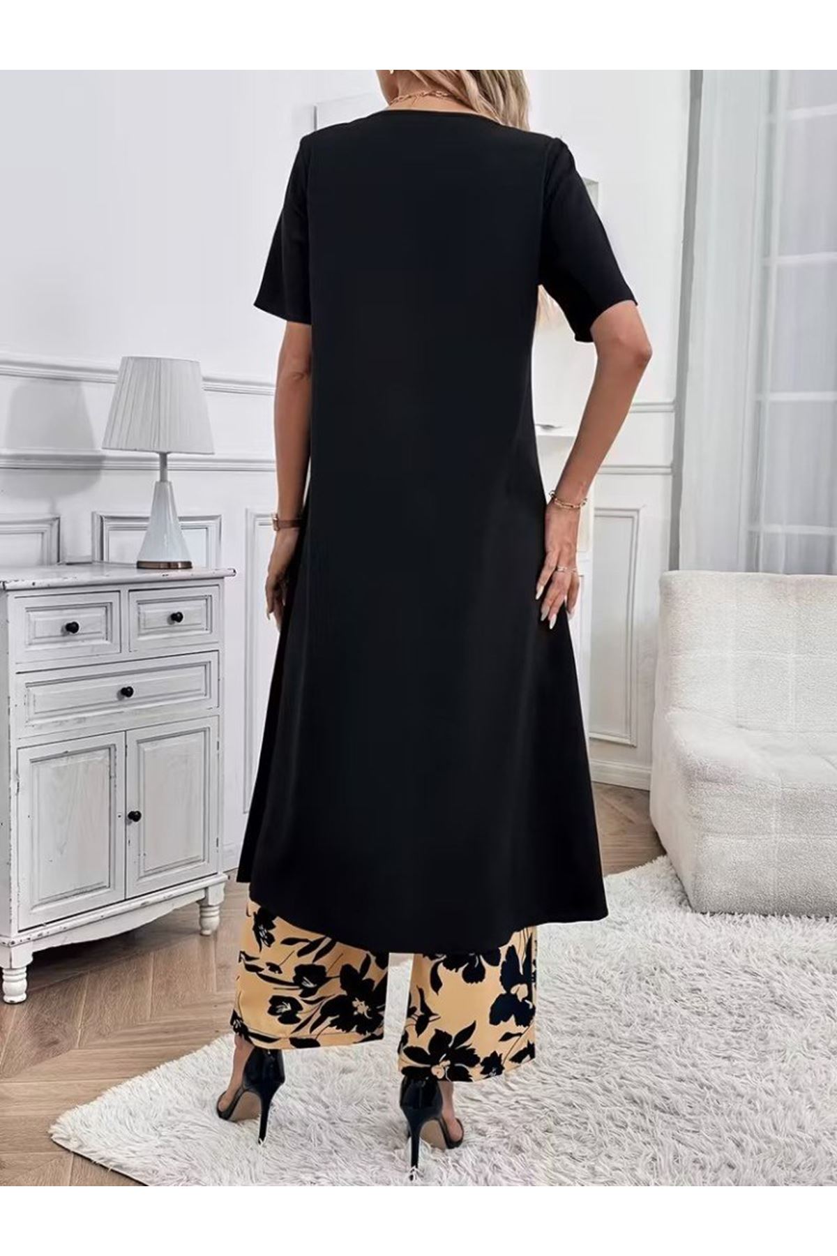 Kadın Kısa Kollu önden çapraz Detaylı Viskon Uzun Bluz Ve Desenli Iki Iplik Pantolon Ikili Takım