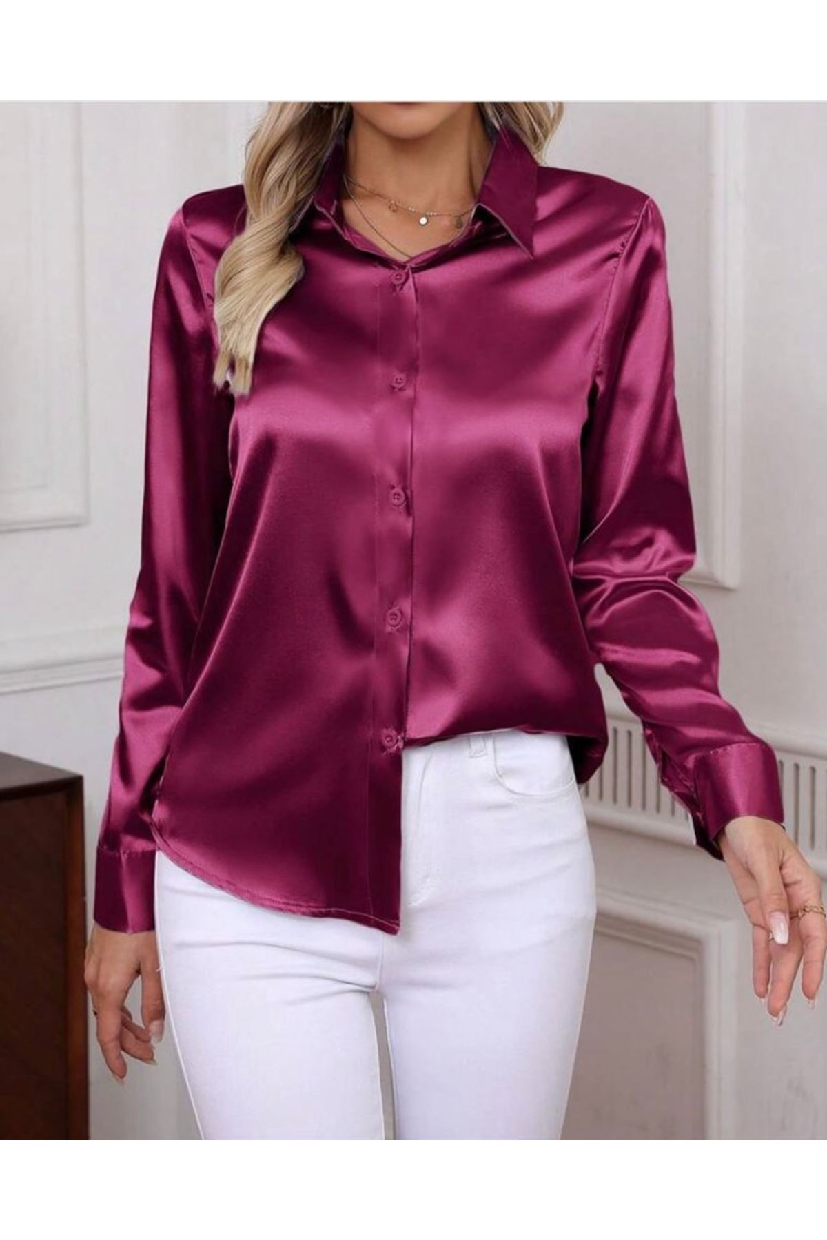 Kadın Uzun Kollu Saten Gömlek