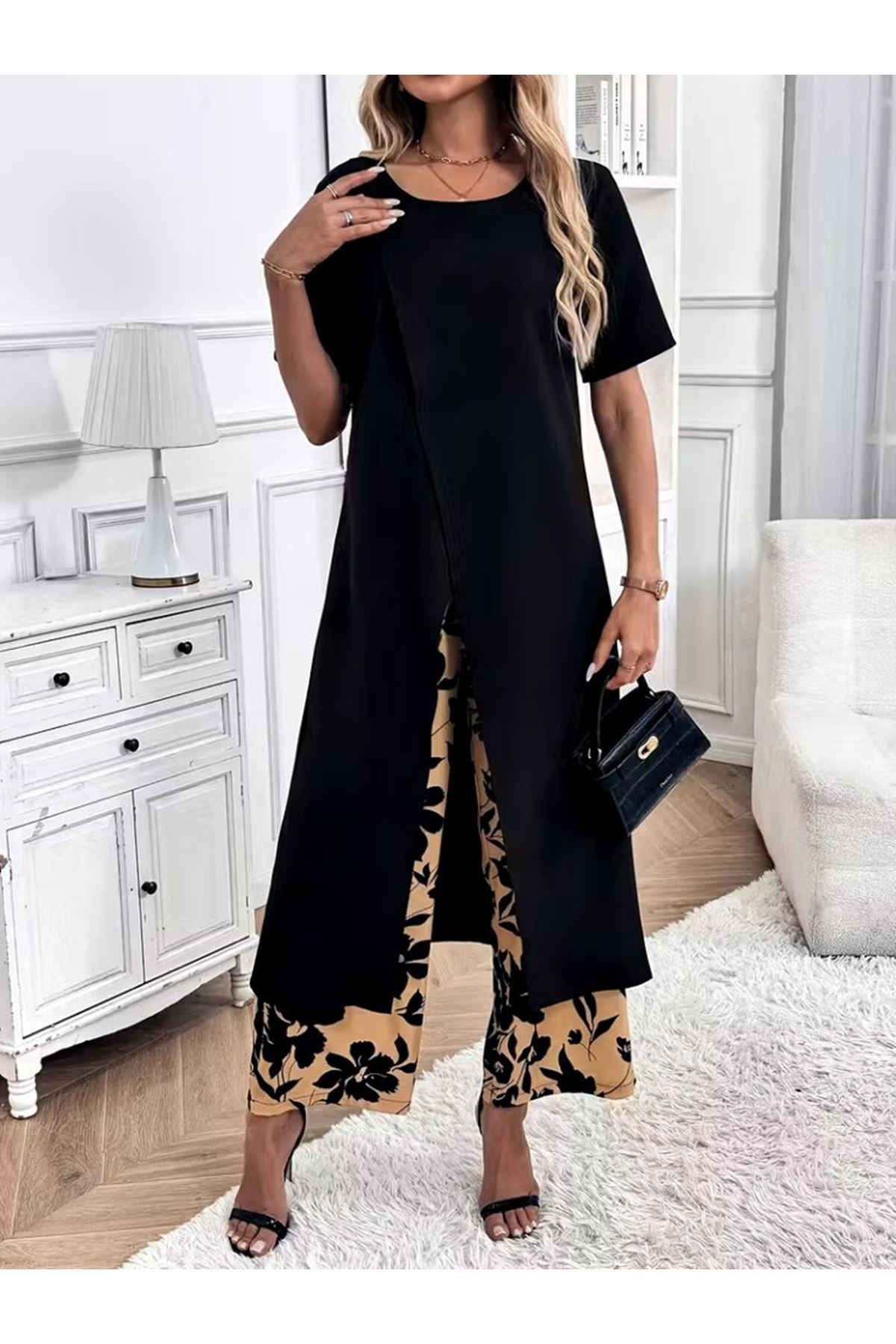 Kadın Kısa Kollu önden çapraz Detaylı Viskon Uzun Bluz Ve Desenli Iki Iplik Pantolon Ikili Takım