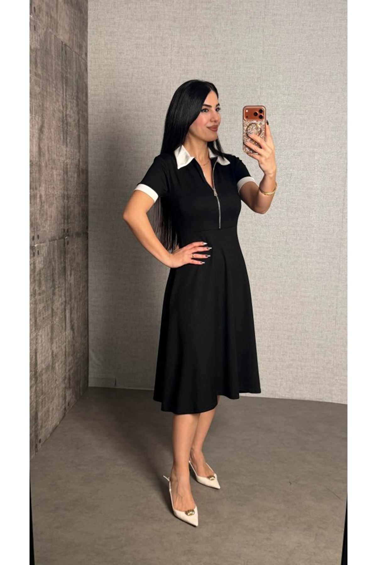 Kadın Polo Yaka Fermuar Detaylı Modal Midi Elbise