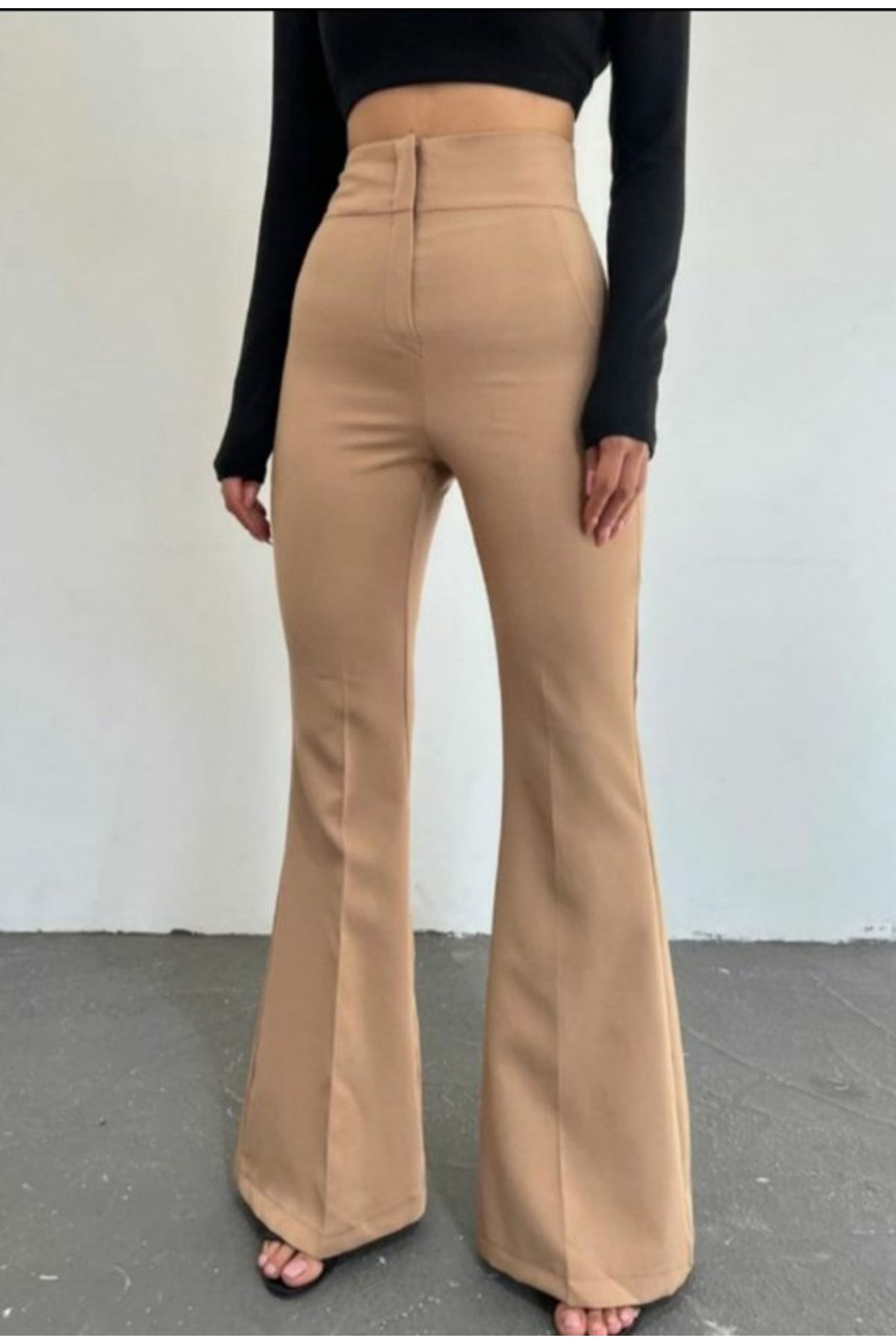 Kadın Yüksek Bel Ispanyol Paça Atlas Kumaş Pantolon