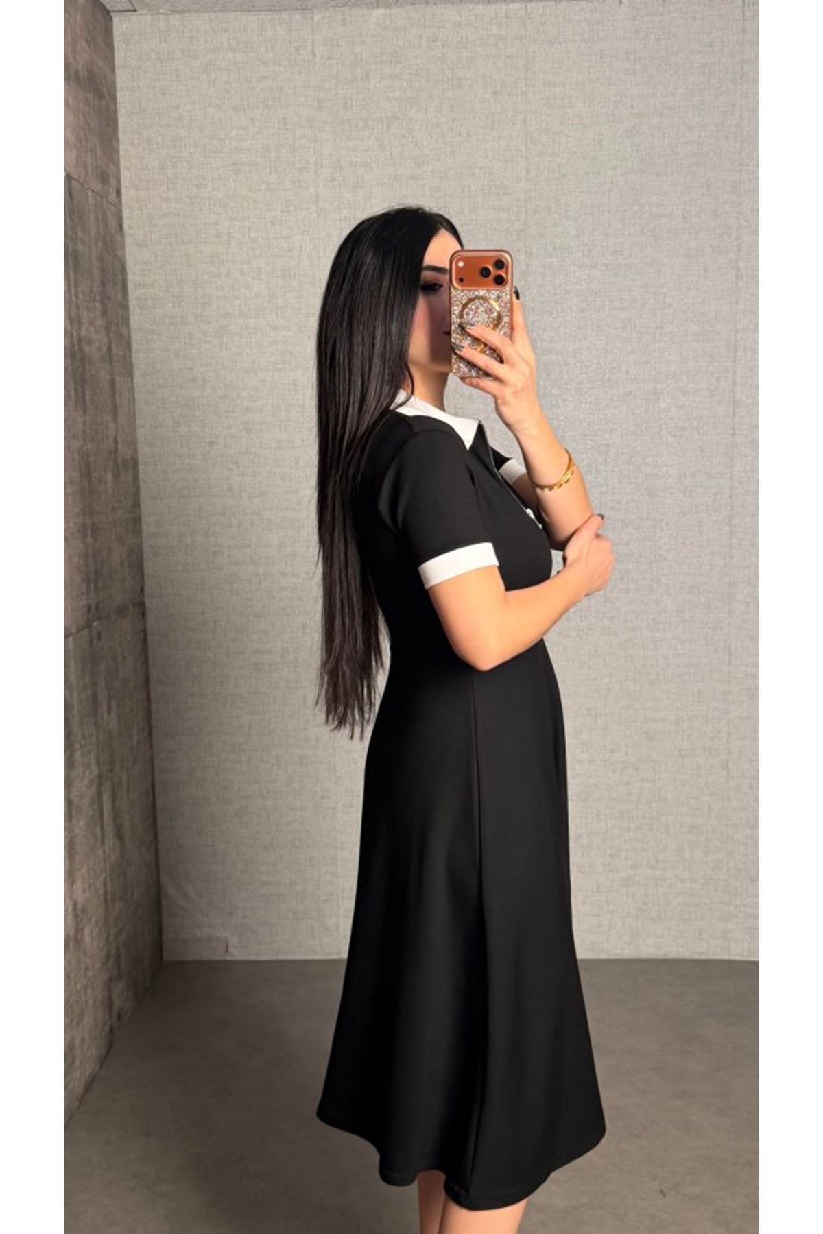 Kadın Polo Yaka Fermuar Detaylı Modal Midi Elbise