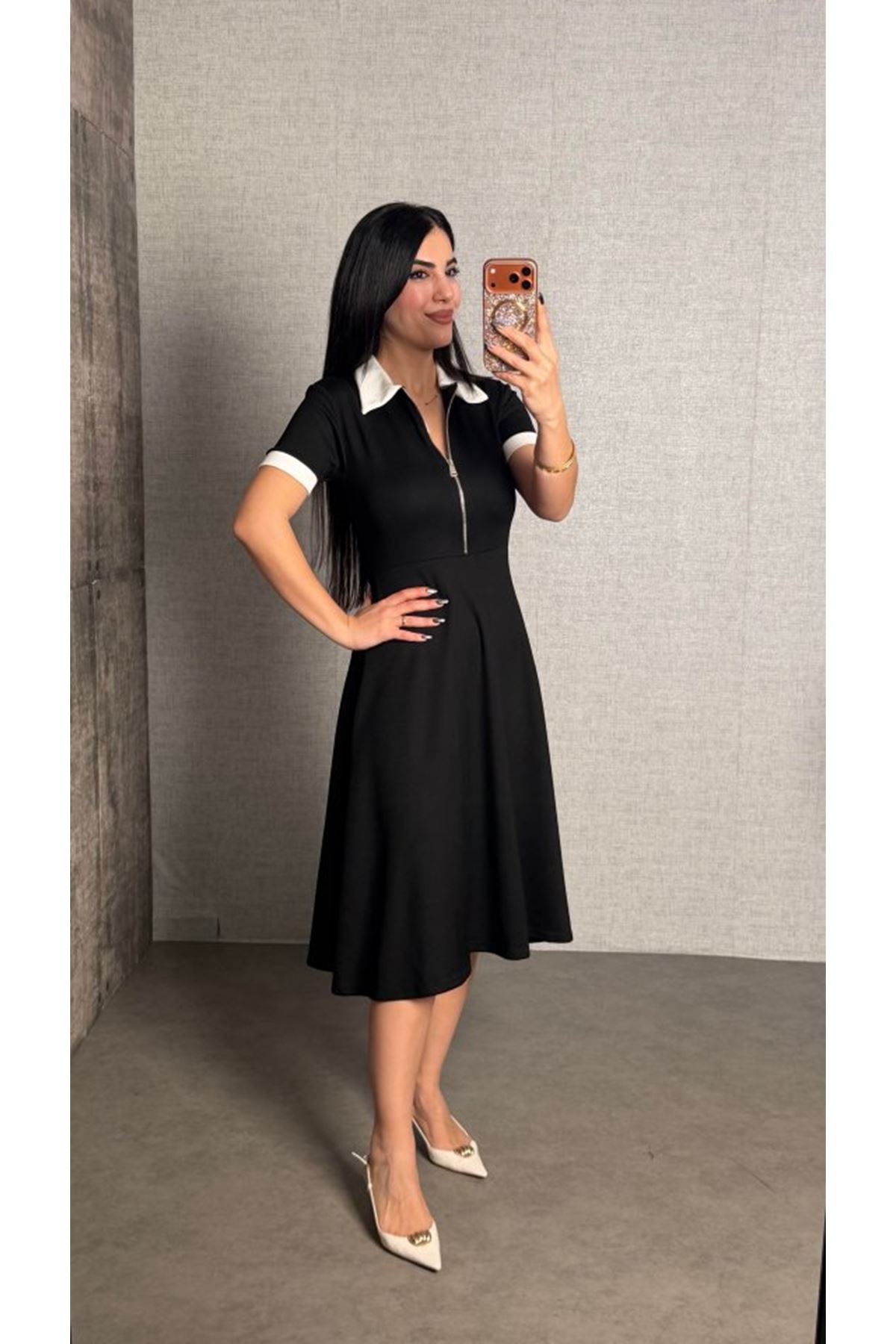 Kadın Polo Yaka Fermuar Detaylı Modal Midi Elbise