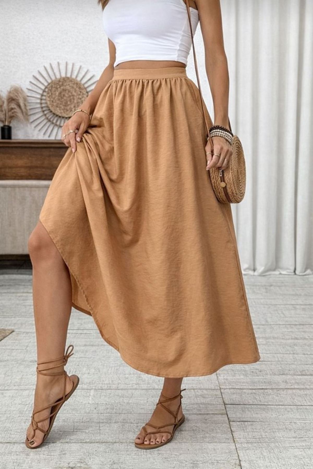 Kadın Beli Lastikli Paraşüt Kumaş Etek