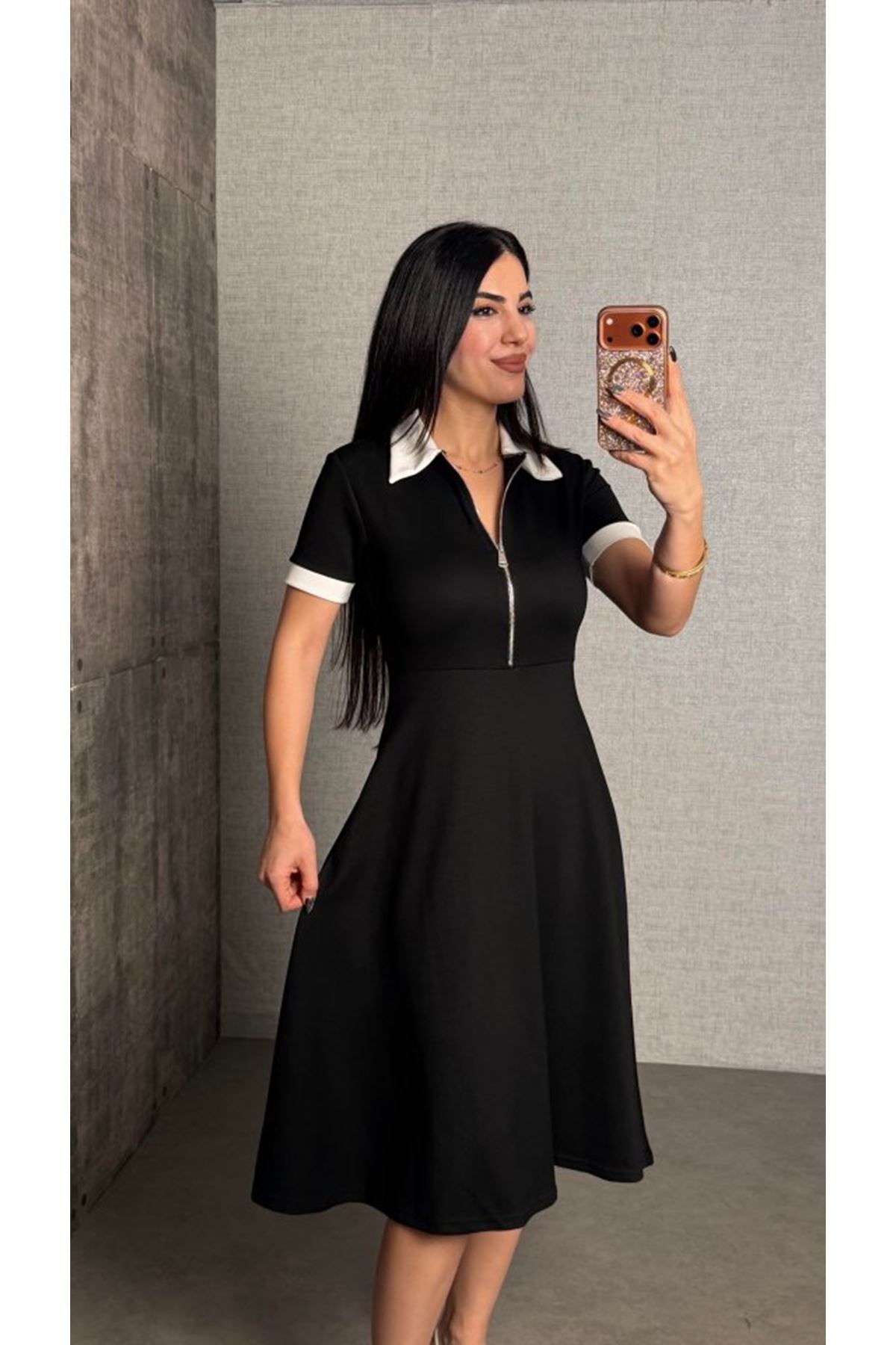 Kadın Polo Yaka Fermuar Detaylı Modal Midi Elbise