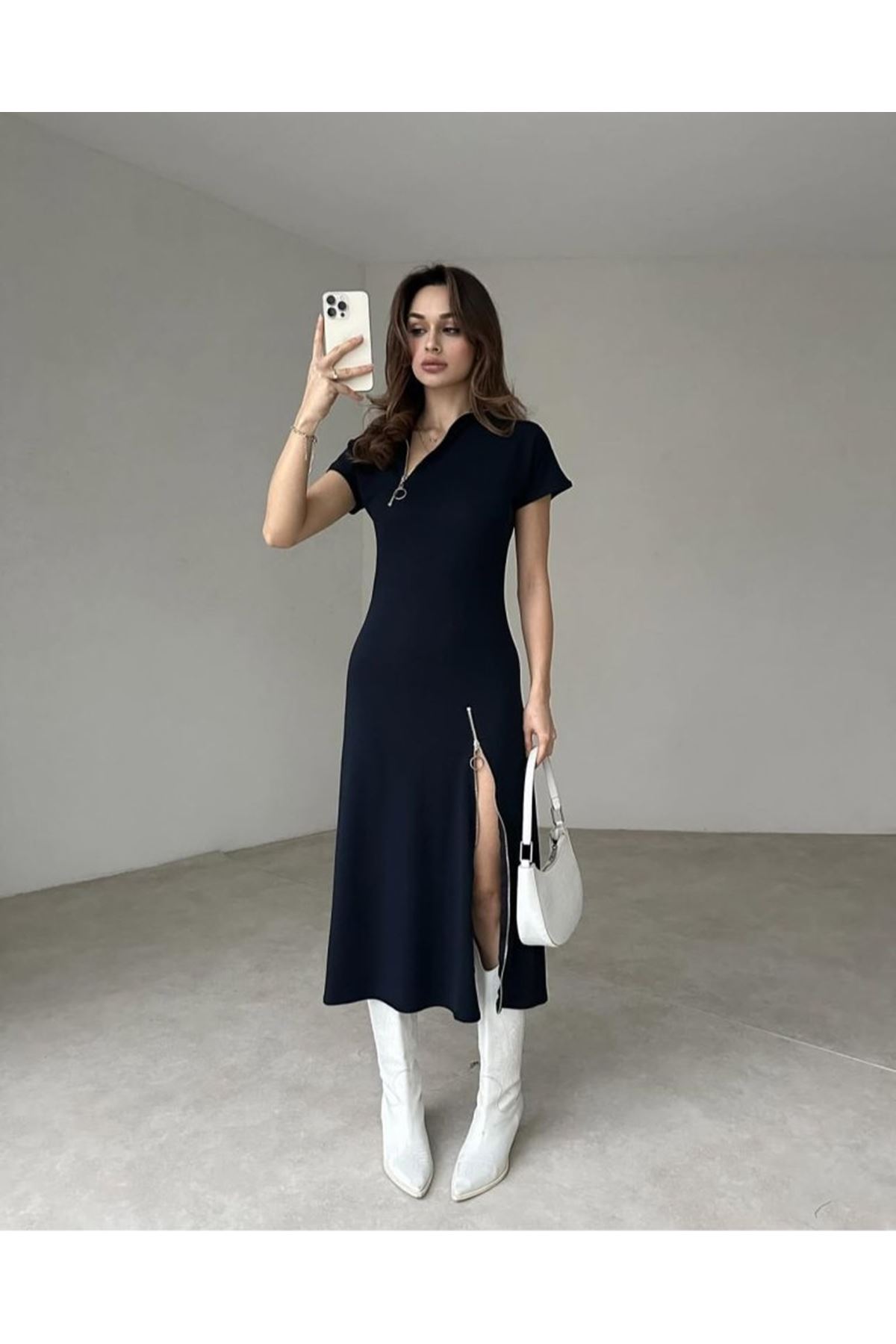 Kadın Kısa Kollu Yakadan Ve Etekten Fermuarlı Midi Viskon Iki Iplik Elbise