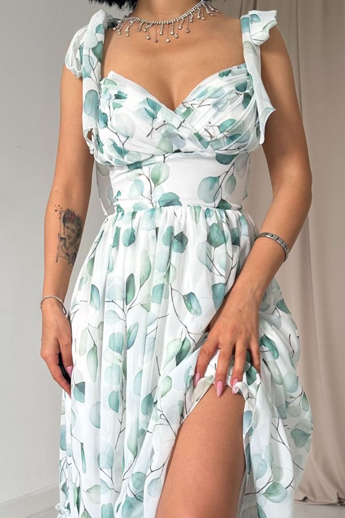 Yeşil Şifon Drapeli Elbise