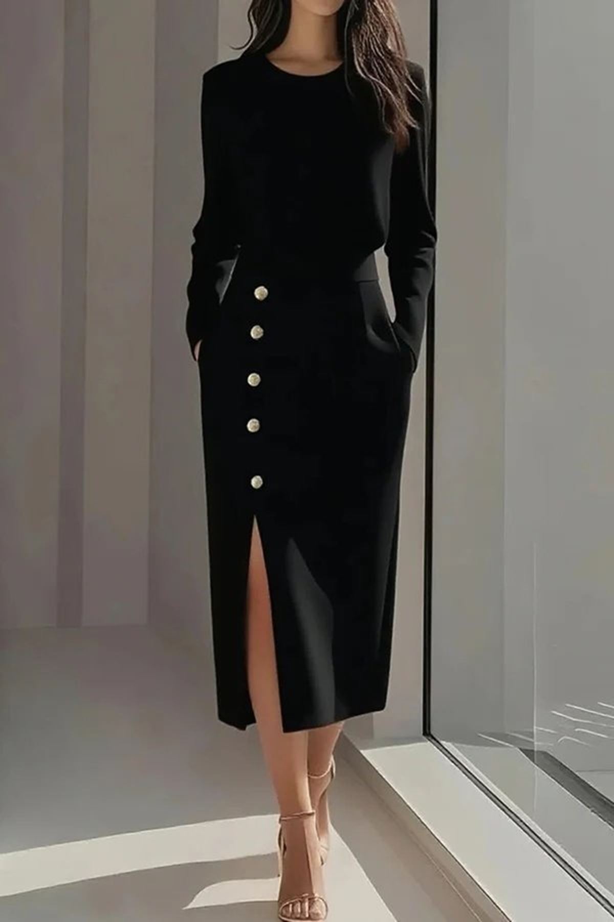 Kadın Uzun Kollu Bisiklet Yakalı Yandan Yırtmaçlı Düğmeli Midi Ithal Krep Elbise