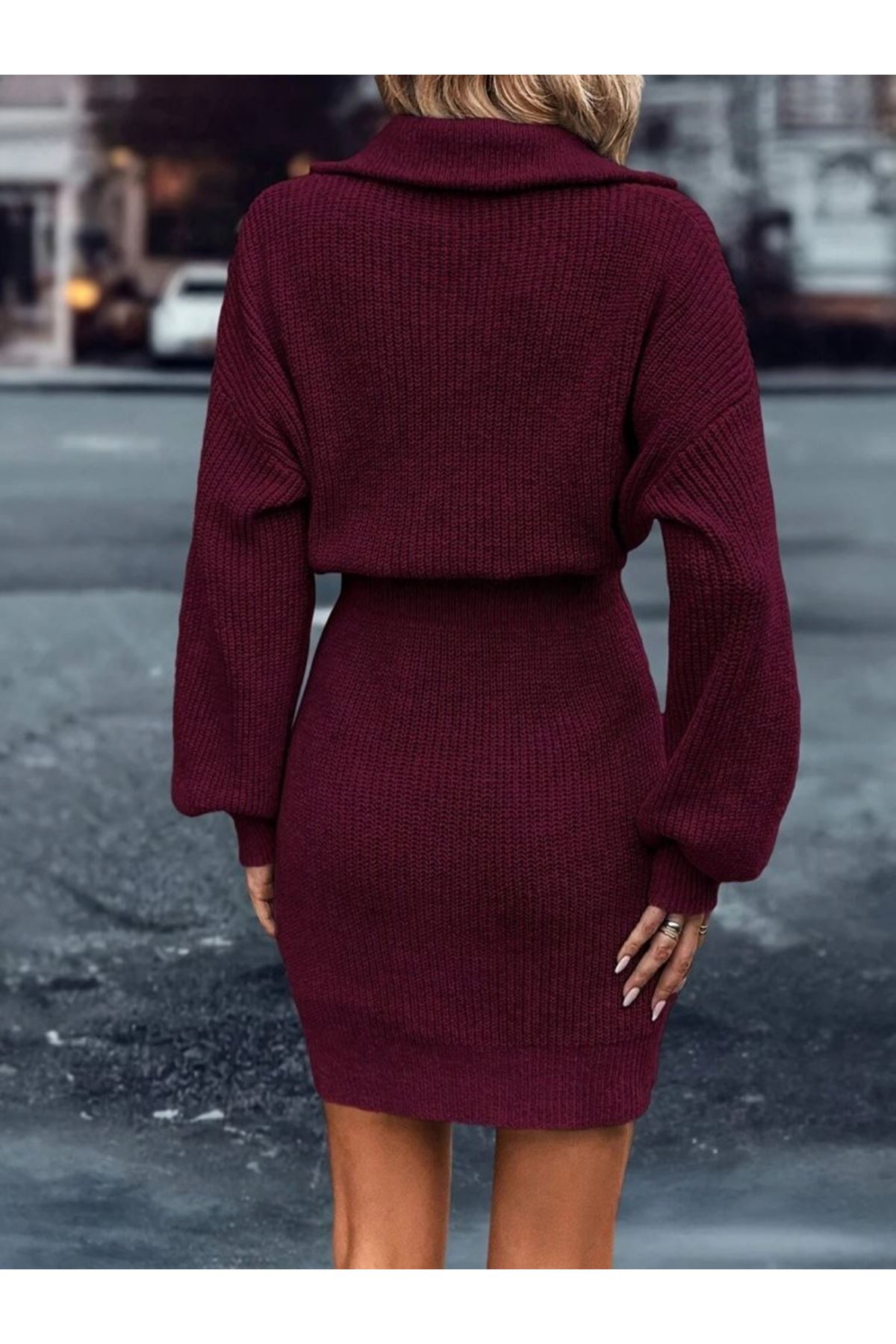 Kadın Uzun Kollu Yakası Fermuarlı Mini Triko Elbise