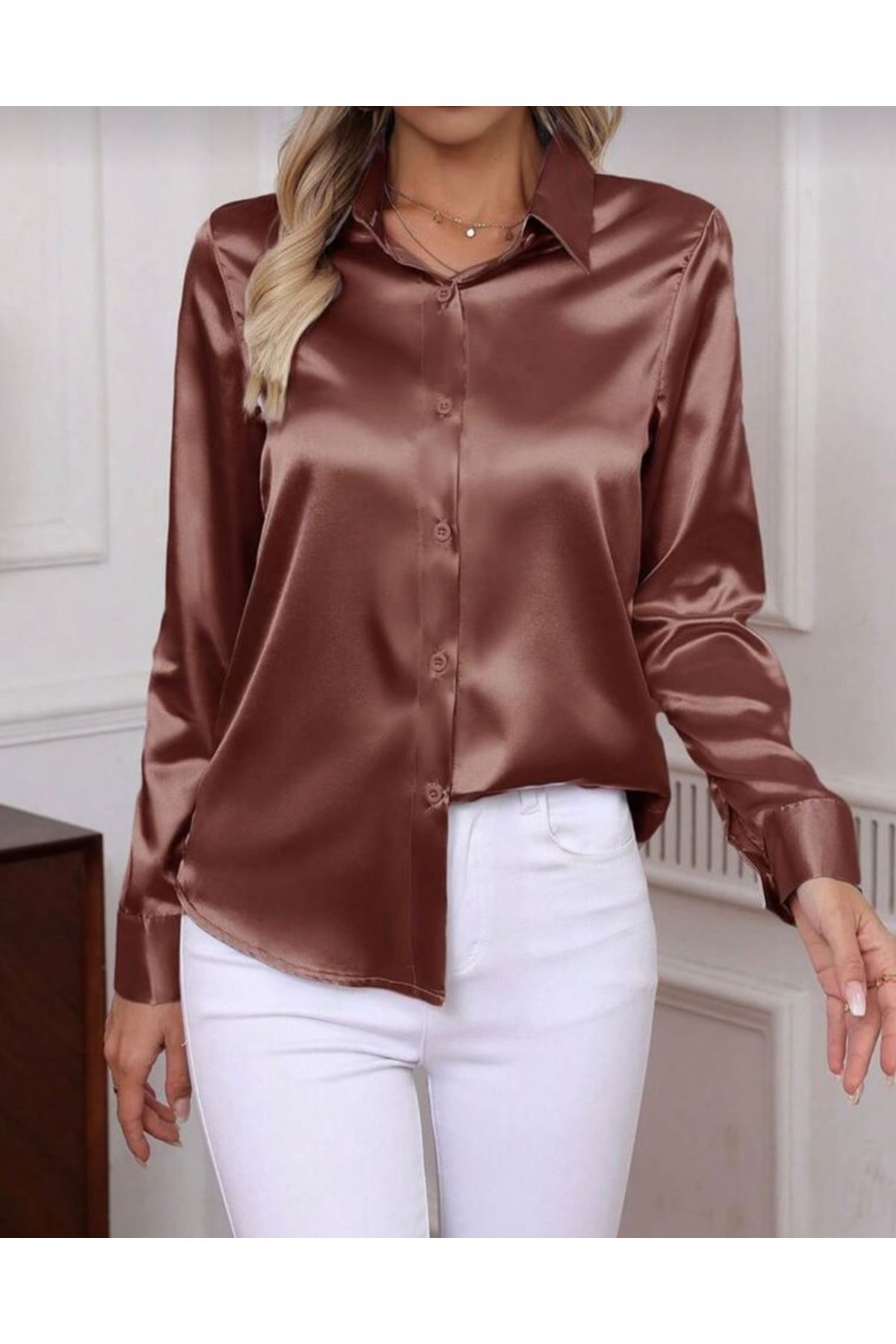 Kadın Uzun Kollu Saten Gömlek
