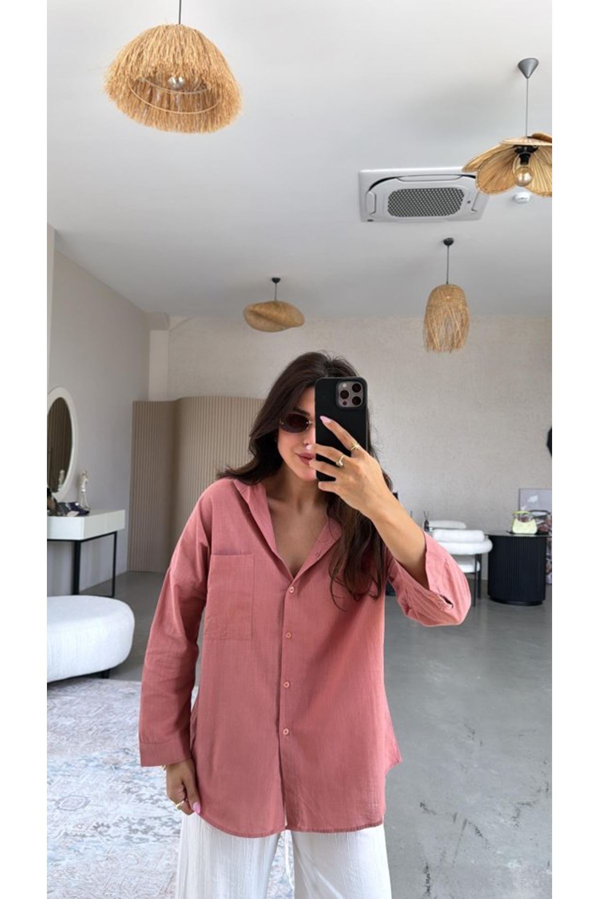 Kadın Tek Cepli Over Size Ketem Gömlek