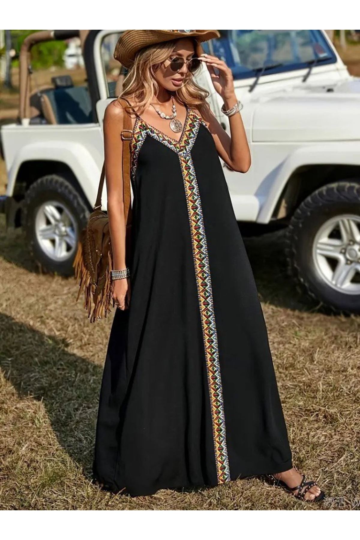 Kadın Askılı V Yakalı Etnik şerit Detaylı Uzun Viskon Elbise