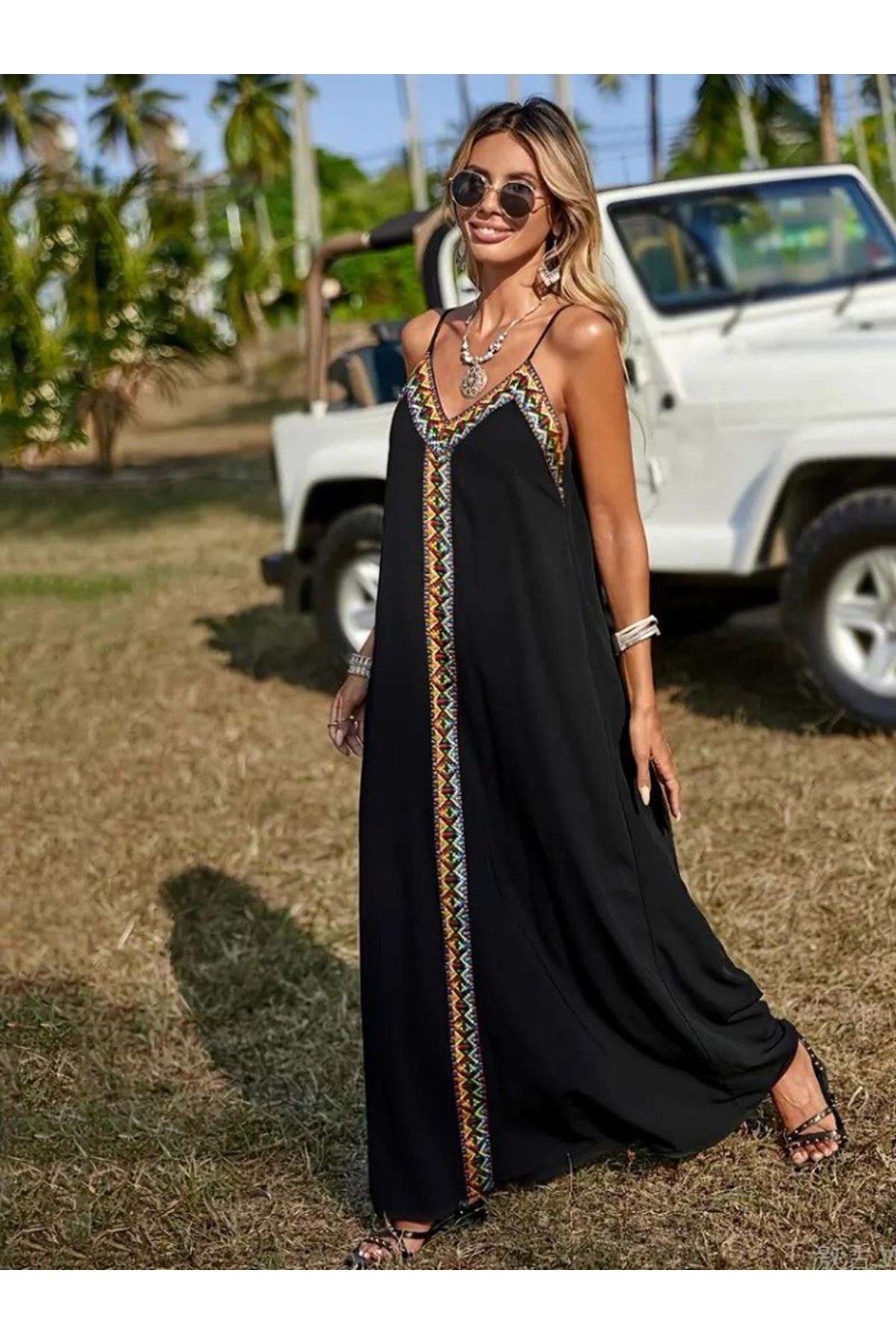 Kadın Askılı V Yakalı Etnik şerit Detaylı Uzun Viskon Elbise